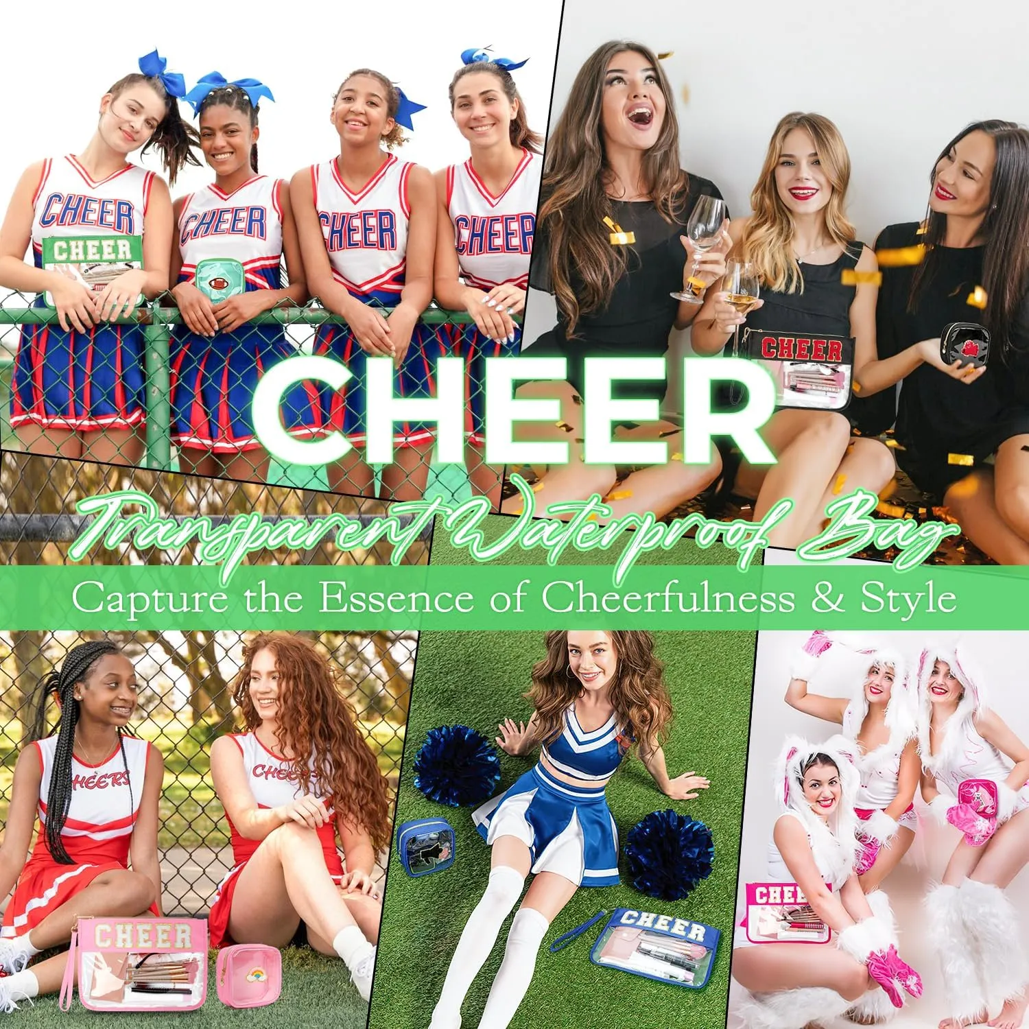 2Pcs Clear Cheer Bag Chenille Varsity Letter Makeup Bag Preppy Patch Pouch Waterproof PVC Toiletry Organizer Flat Travel Cosmetic Bag Cheerleader Gifts for Women(Cheer-Green)