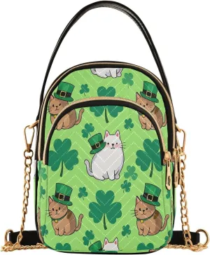 ALAZA Chain Crossbody Bags for Women Cute Cat Clover Shamrock Leaves Quilted Shoulder Crossbody Handbags Travel Cross Body Cell Phone Purses Bags