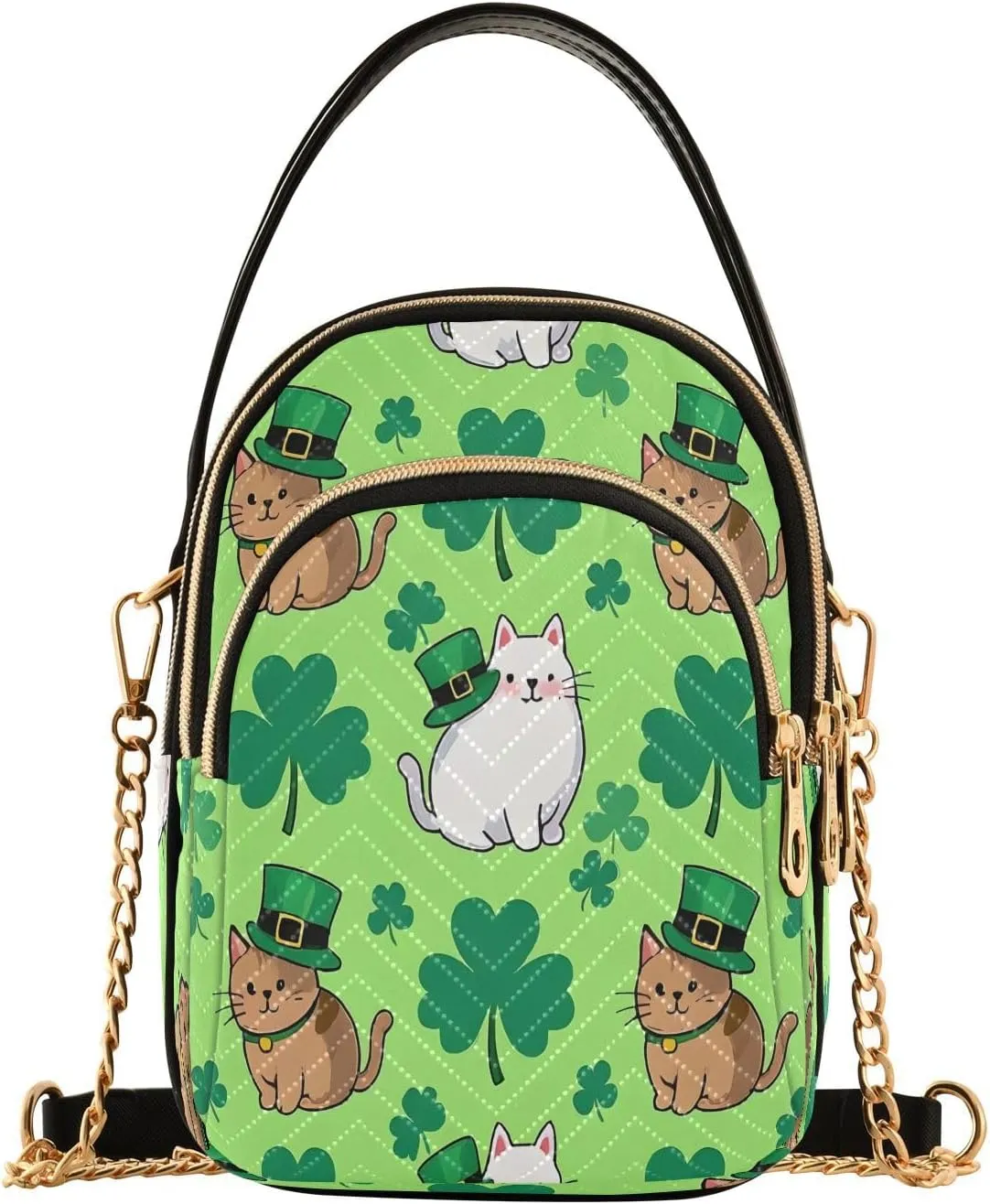 ALAZA Chain Crossbody Bags for Women Cute Cat Clover Shamrock Leaves Quilted Shoulder Crossbody Handbags Travel Cross Body Cell Phone Purses Bags