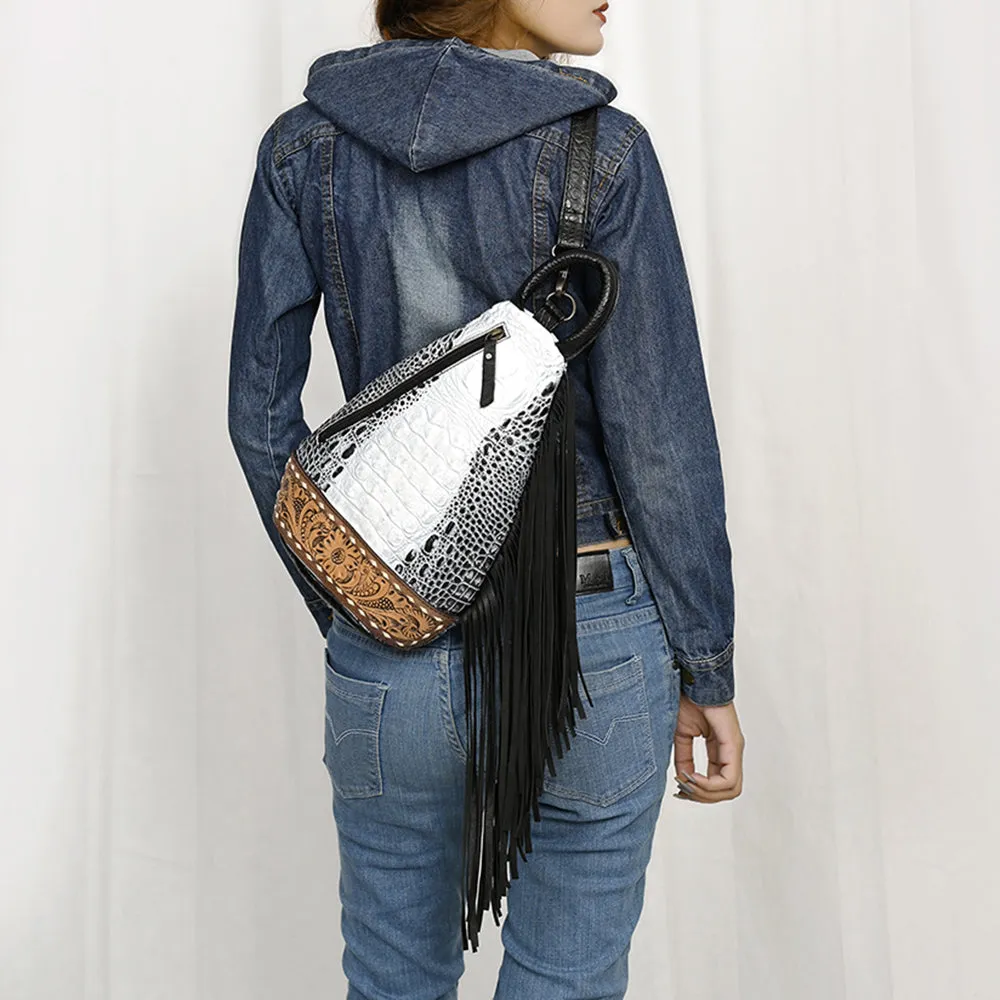 American Darling Sling Hand Tooled Crocodile Embossed Genuine Leather Women Bag Western Handbag Purse