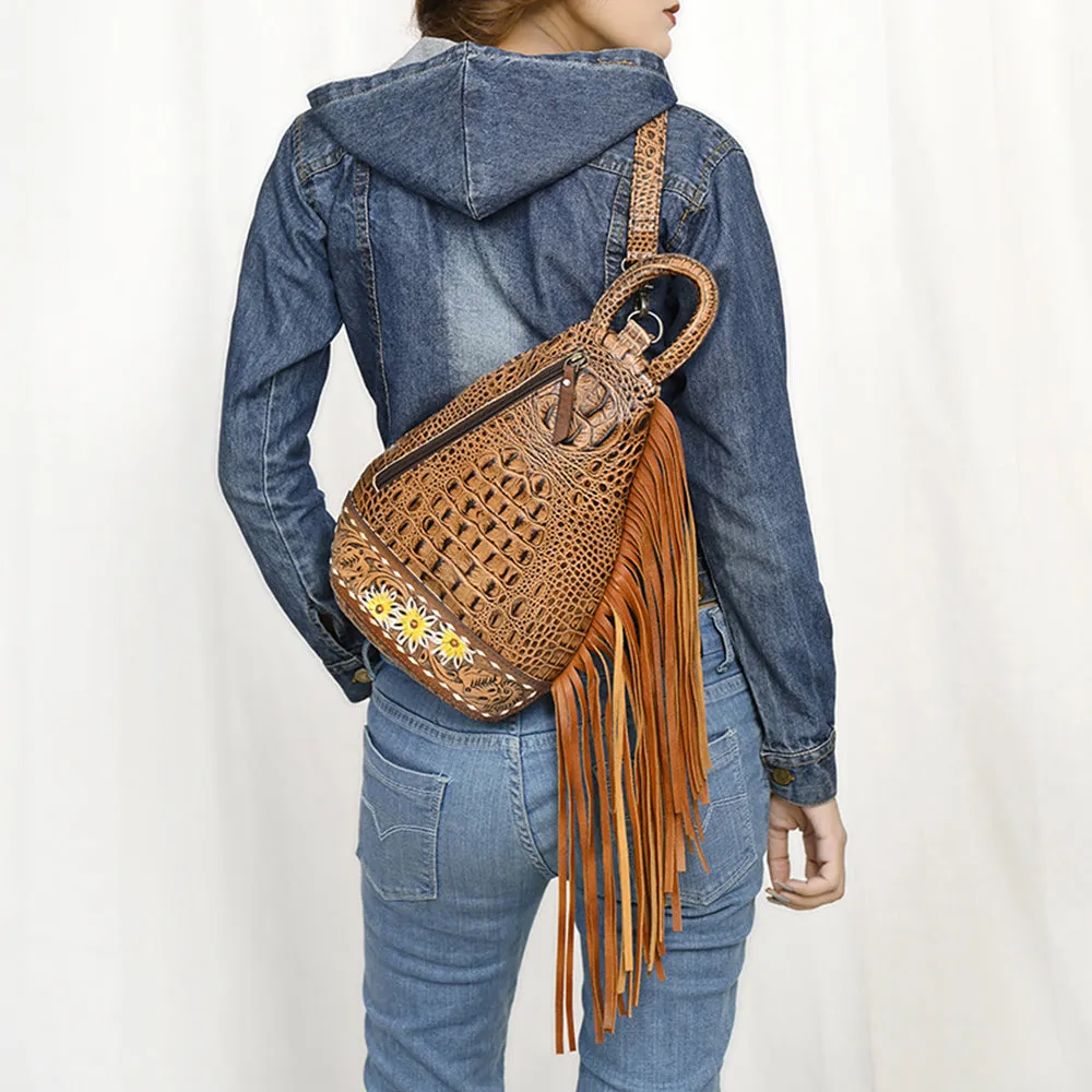 American Darling Sling Hand Tooled Crocodile Embossed Genuine Leather Women Bag Western Handbag Purse