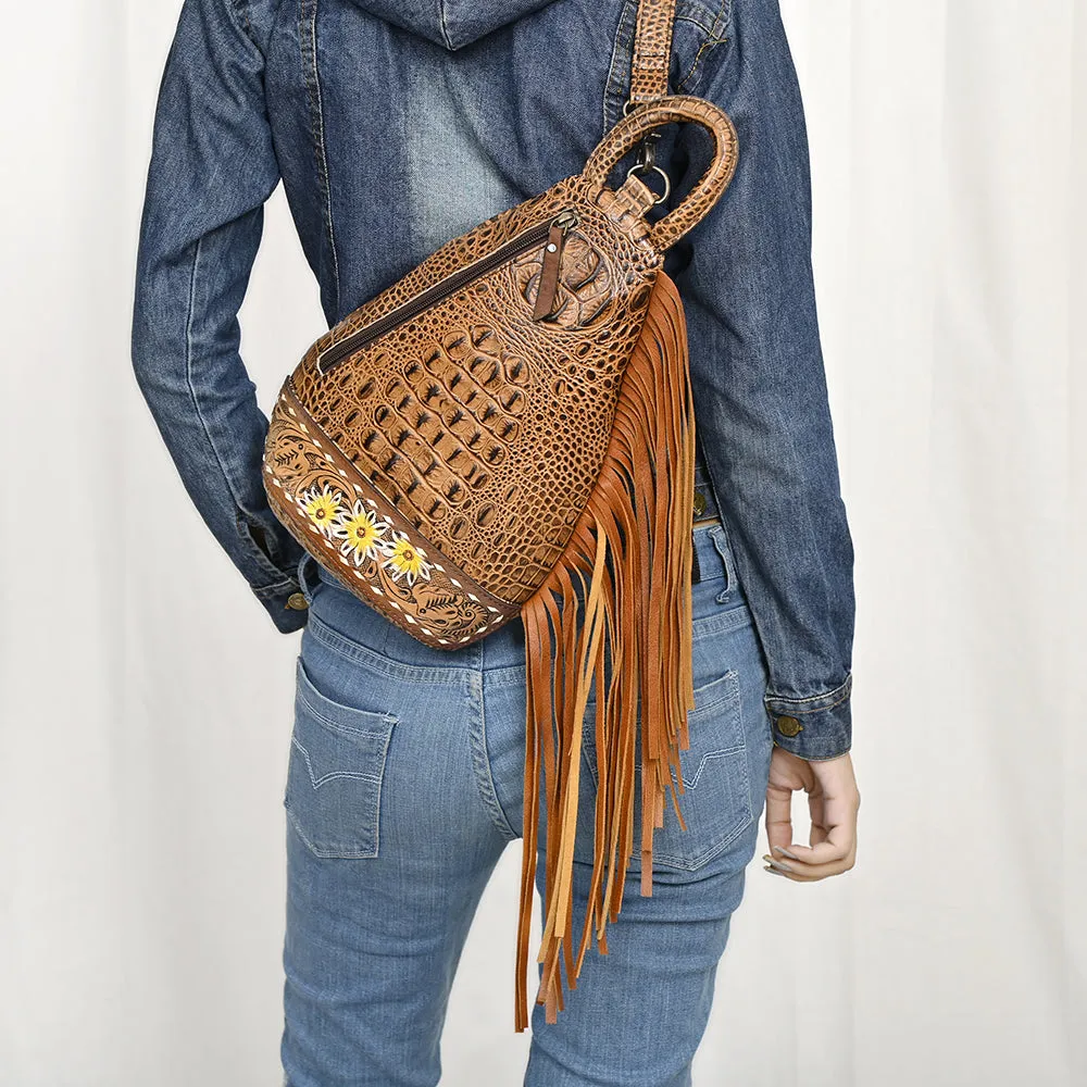American Darling Sling Hand Tooled Crocodile Embossed Genuine Leather Women Bag Western Handbag Purse