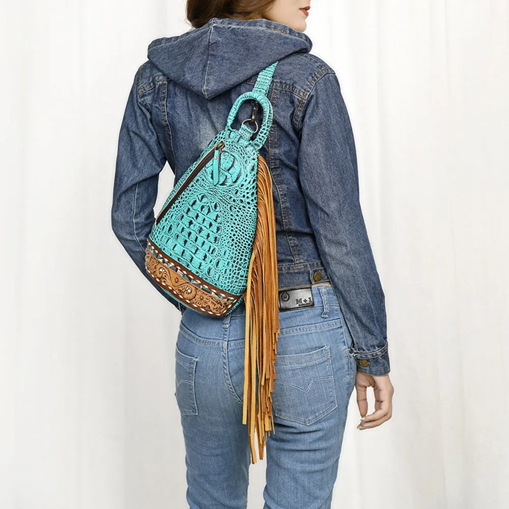 American Darling Sling Hand Tooled Crocodile Embossed Genuine Leather Women Bag Western Handbag Purse
