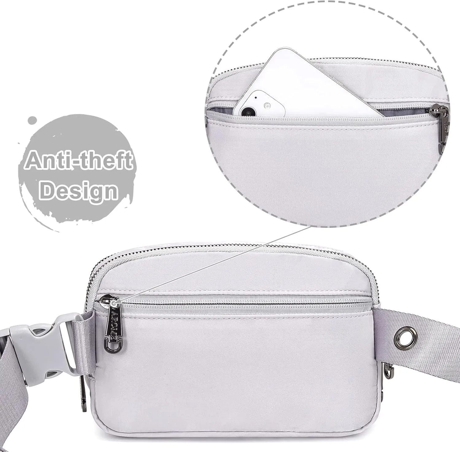 AROME Mini Belt Bag for Women, Fashion Waist Packs Fanny Pack Crossbody Bags with Strap Extender for Women Men, Waterproof Waist Bag Hip Bum Bag for Casual Travel Running Hiking Outdoor Sports Grey