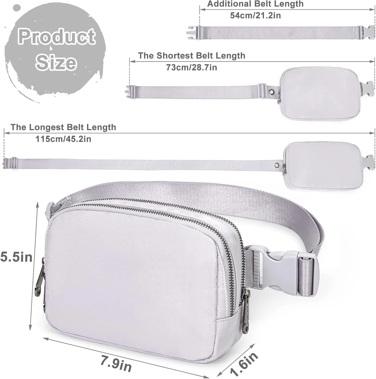 AROME Mini Belt Bag for Women, Fashion Waist Packs Fanny Pack Crossbody Bags with Strap Extender for Women Men, Waterproof Waist Bag Hip Bum Bag for Casual Travel Running Hiking Outdoor Sports Grey
