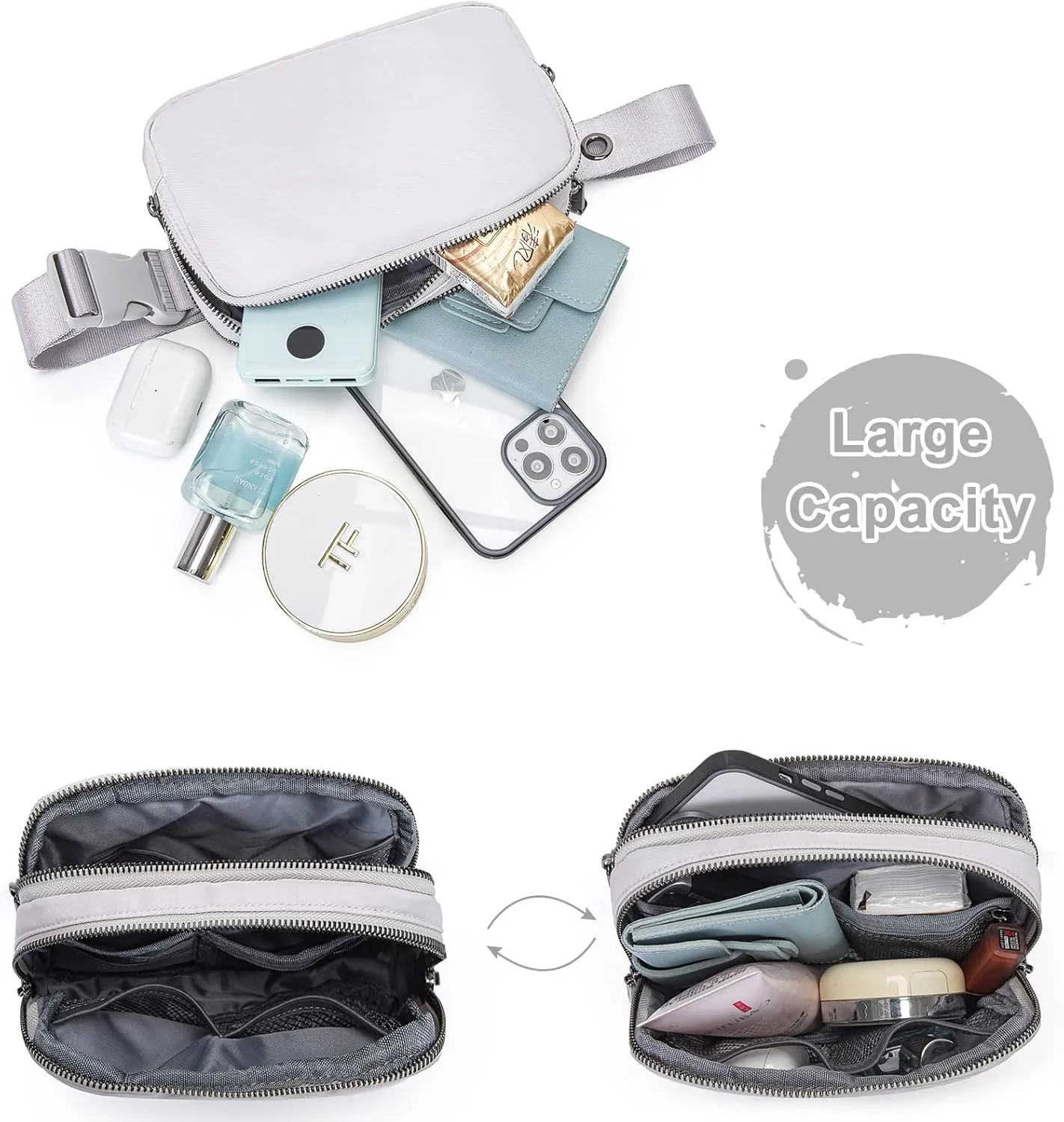 AROME Mini Belt Bag for Women, Fashion Waist Packs Fanny Pack Crossbody Bags with Strap Extender for Women Men, Waterproof Waist Bag Hip Bum Bag for Casual Travel Running Hiking Outdoor Sports Grey