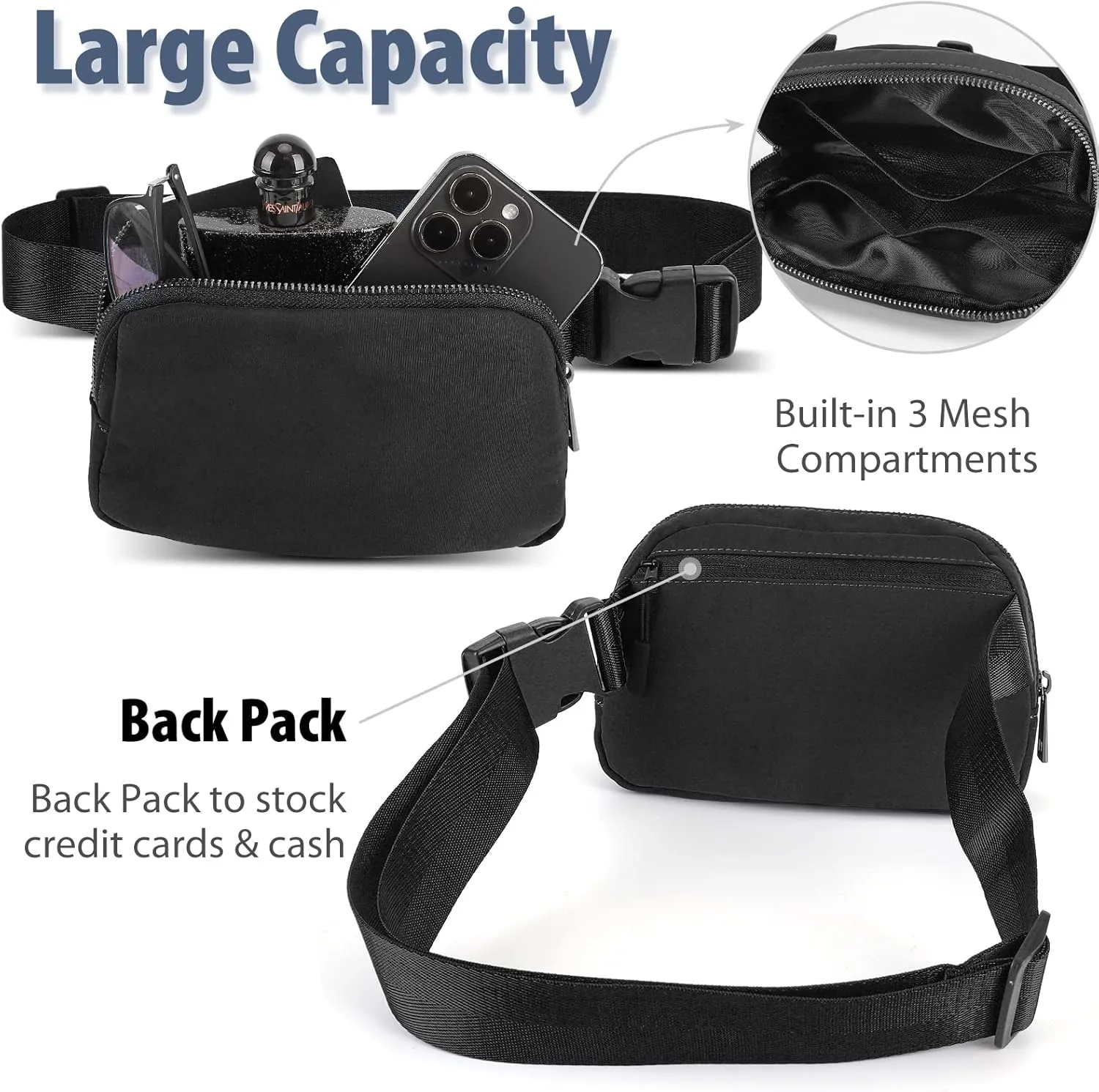 Belt Bag for Women and Men Fanny Pack Waist Bags with Adjustable Strap for Workout Running Travelling Hiking (Black)