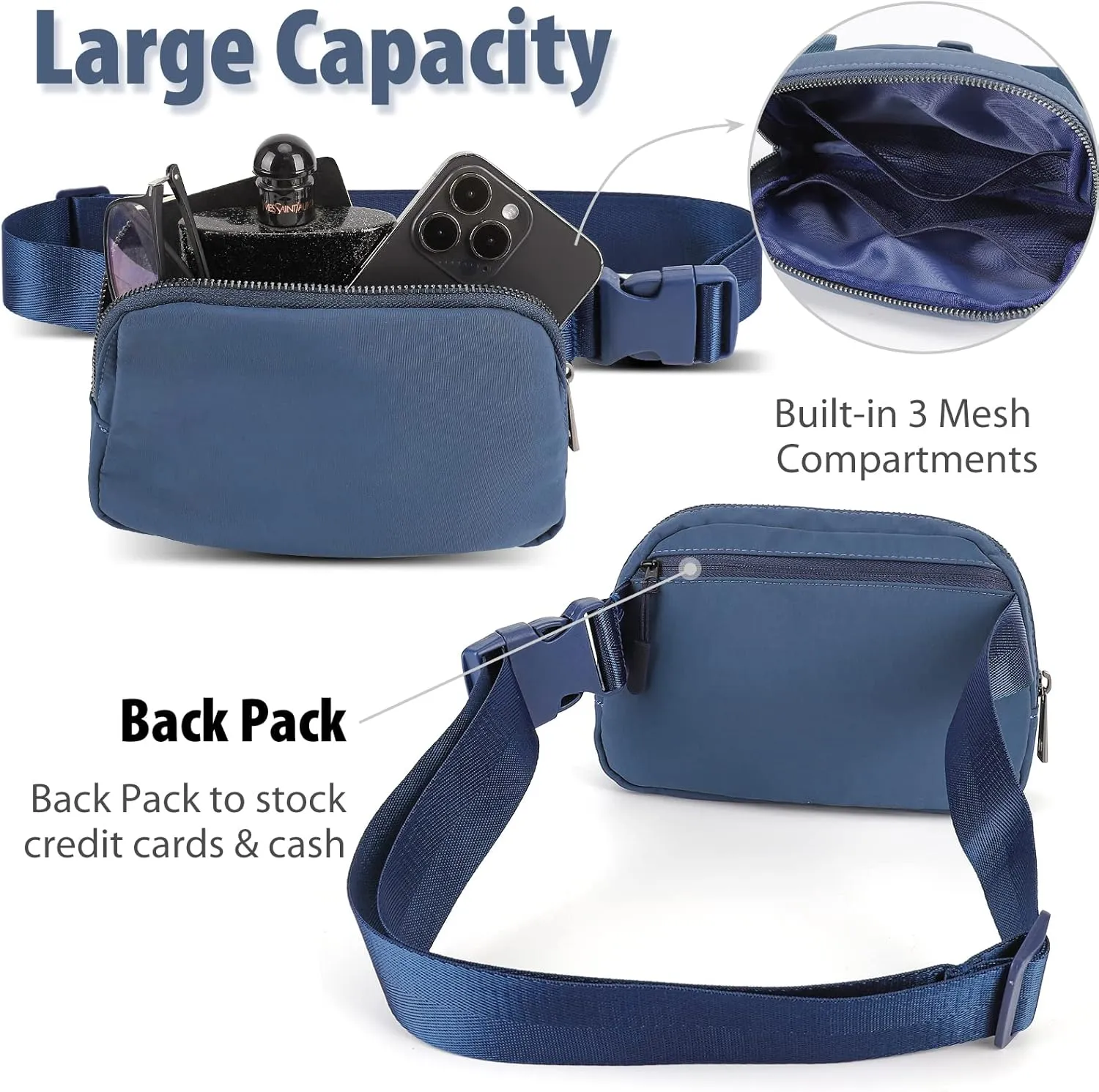 Belt Bag for Women and Men Fanny Pack Waist Bags with Adjustable Strap for Workout Running Travelling Hiking (Blue)