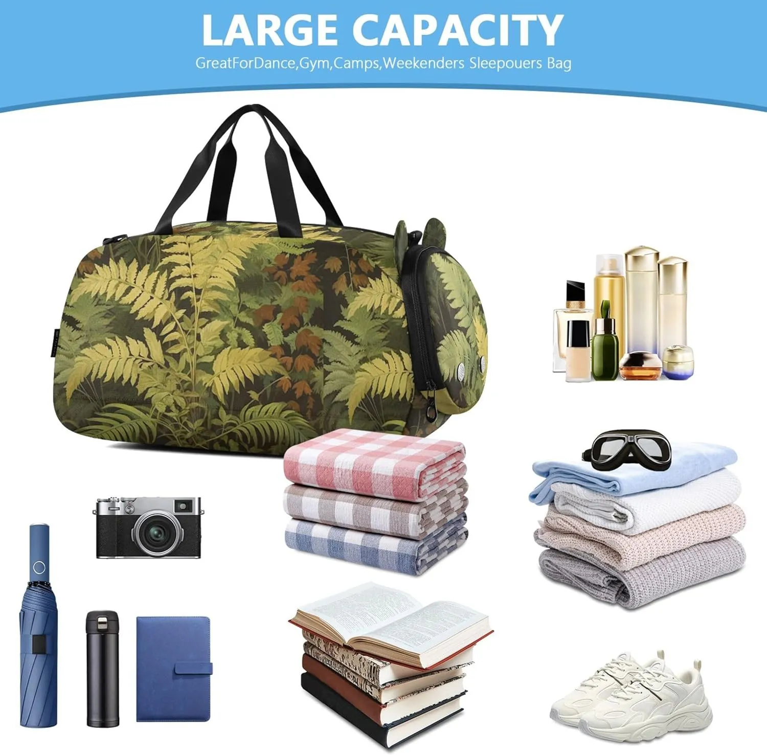 Boys Carry on Duffel Weekend Duffel Overnight Vintage Fern Botanical Green Girls Tote Duffle Bags Travel Kids Luggage Sports Bag