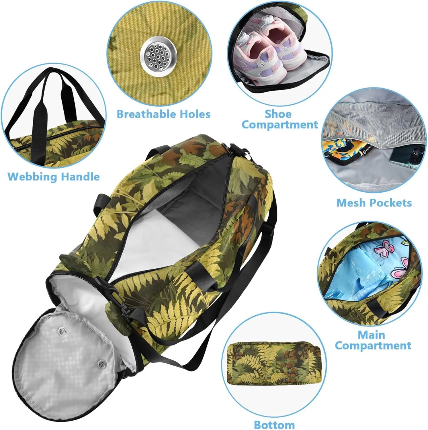 Boys Carry on Duffel Weekend Duffel Overnight Vintage Fern Botanical Green Girls Tote Duffle Bags Travel Kids Luggage Sports Bag