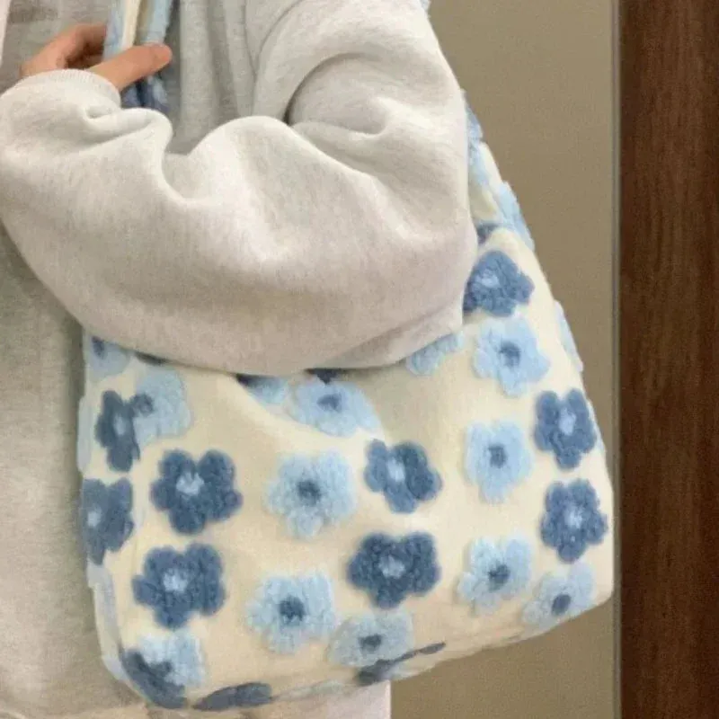 Capacity Plush Crossbody Bag Blue Flowers Soft Fashion Shoulder Bag Casual Youthful Cute Fall Winter Handbag