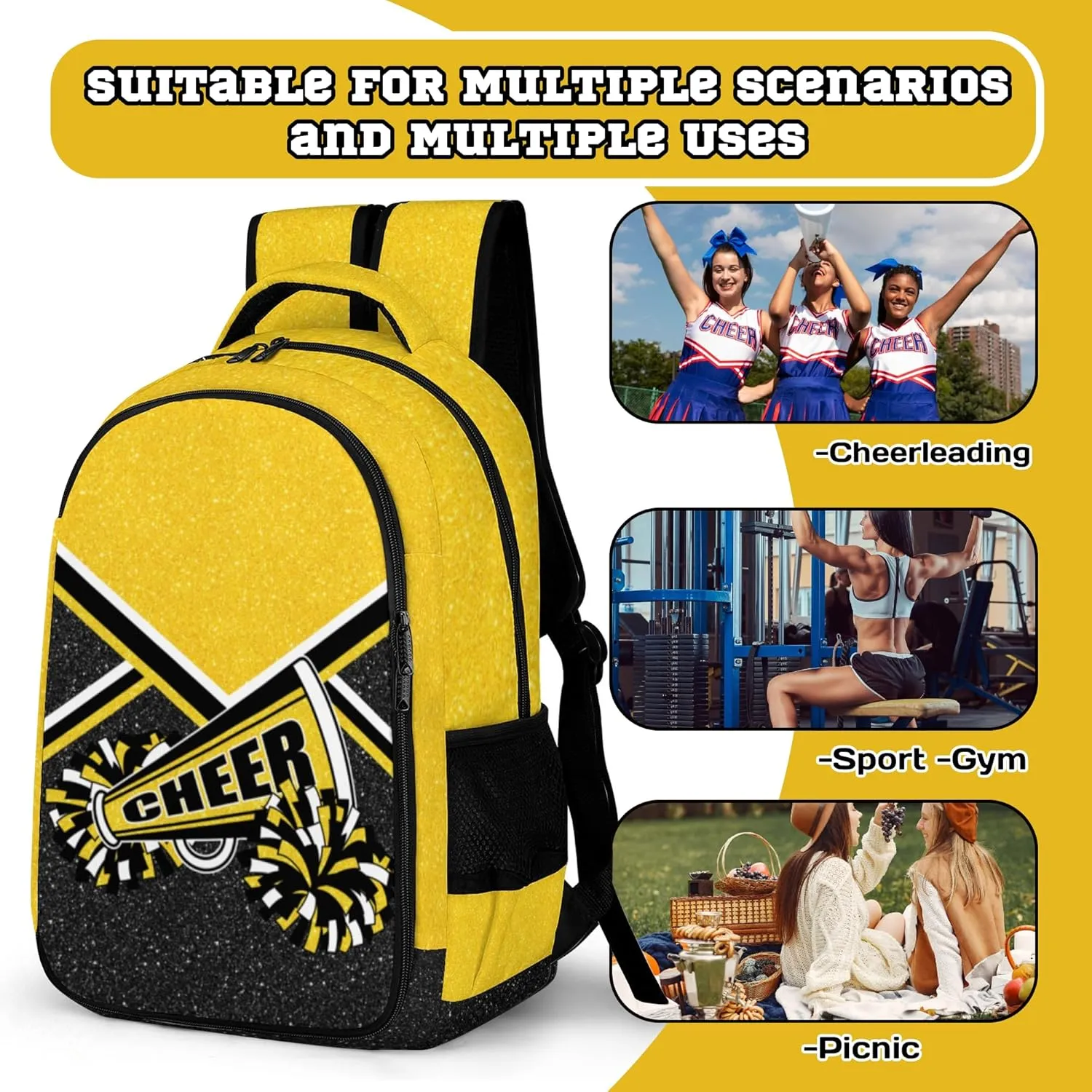Cheer Backpack for Cheerleader, Cheerleading Backpack Gifts for Teams, Cheerleading Backpack for Women (Gold)