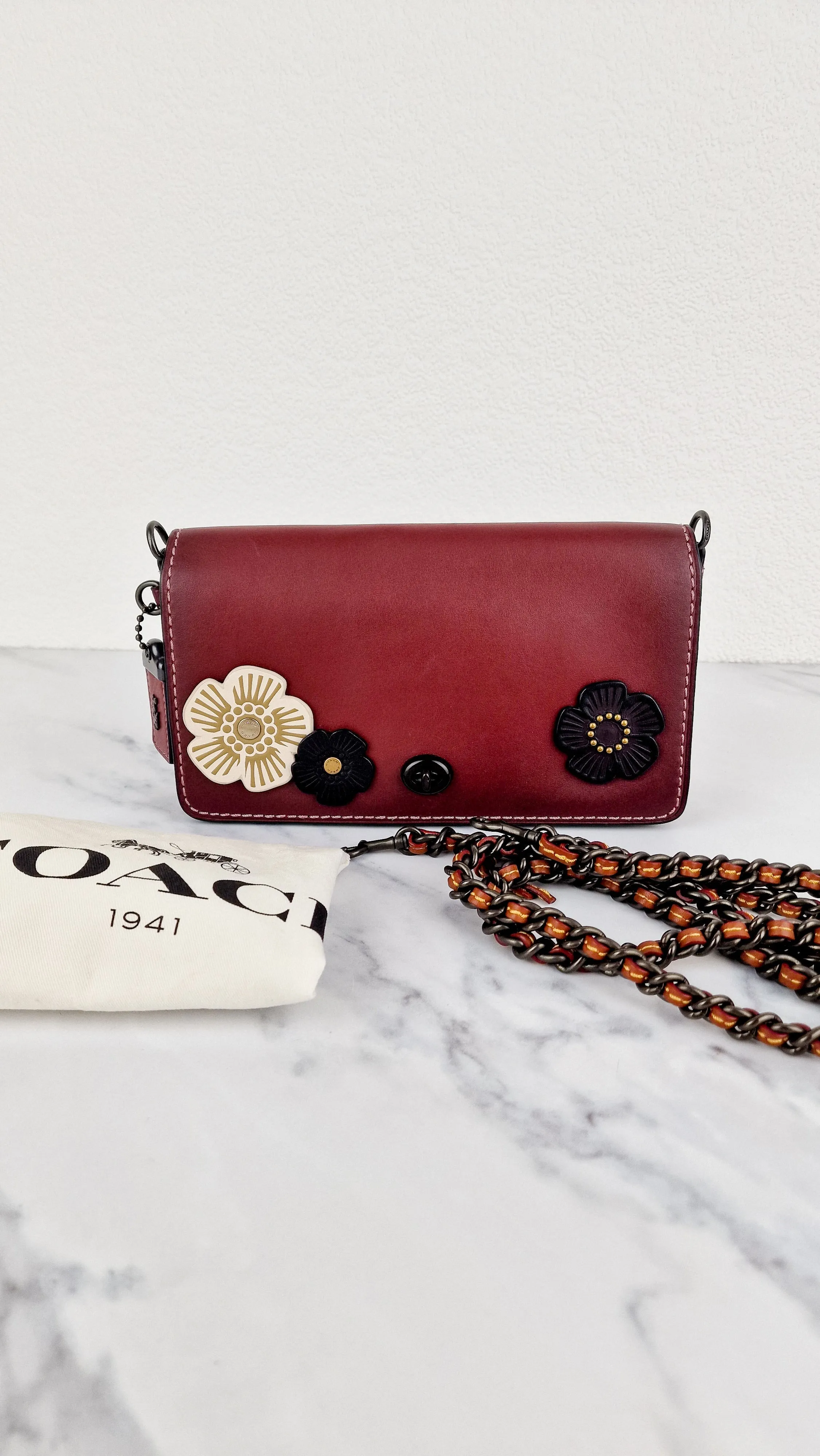 Coach 1941 Dinky Crossbody Bag in Burgundy Smooth Leather With Coach Create Customized Tea Roses - Coach 38185