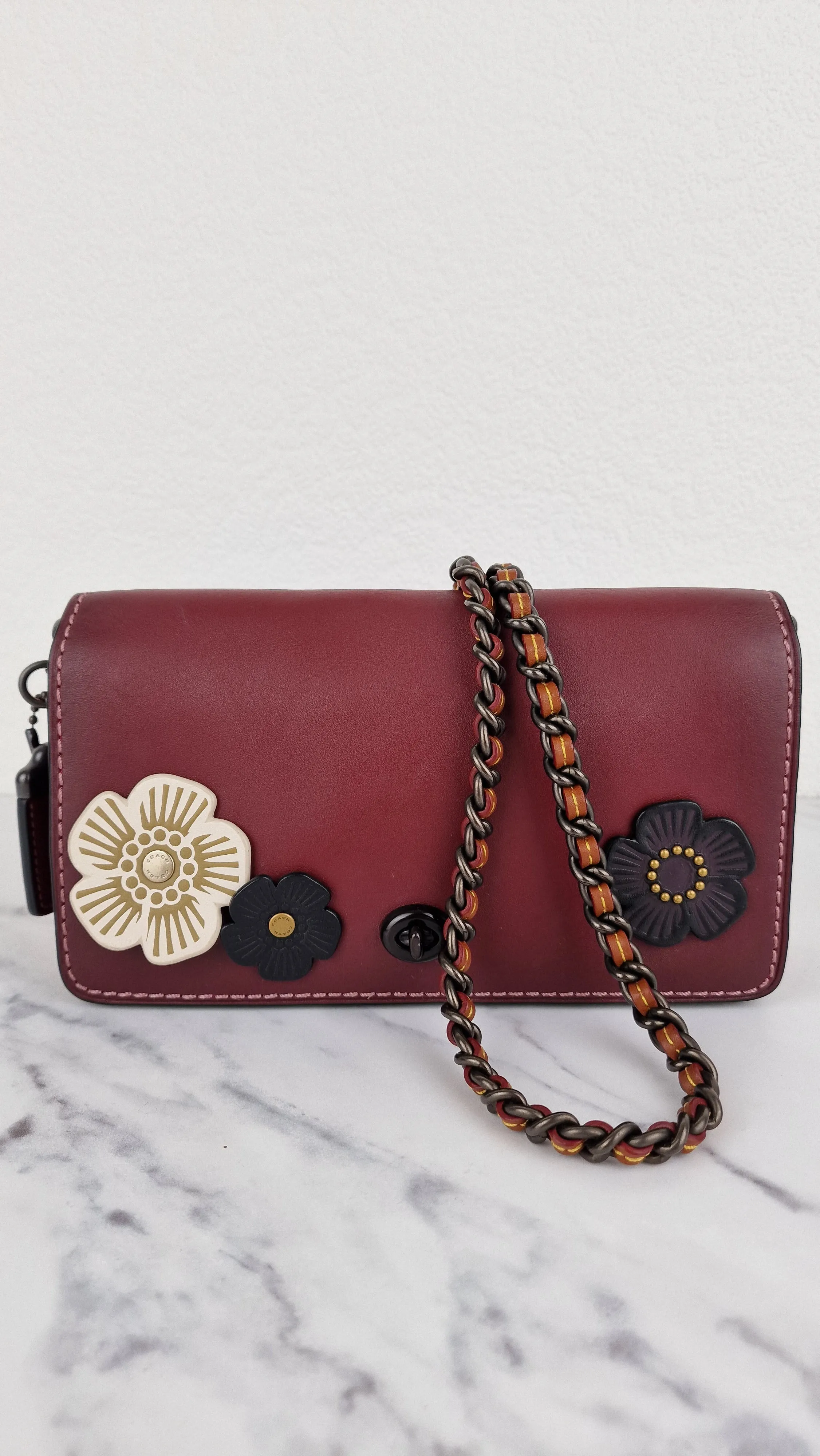 Coach 1941 Dinky Crossbody Bag in Burgundy Smooth Leather With Coach Create Customized Tea Roses - Coach 38185