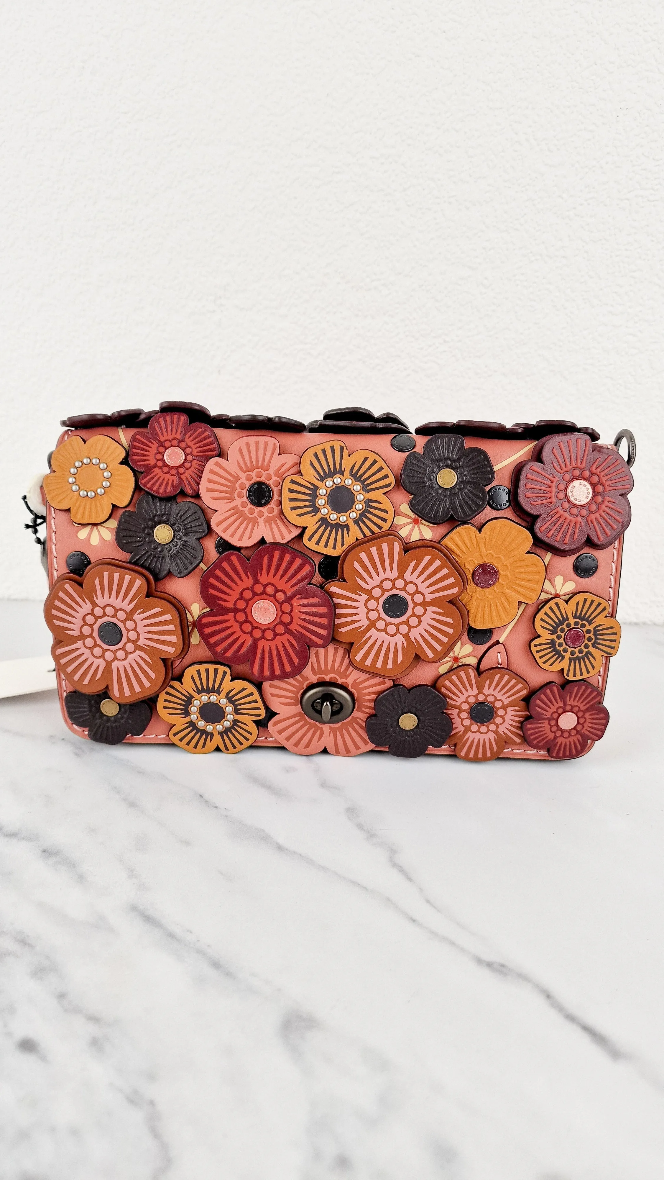 Coach 1941 Dinky With Tea Roses in Melon - Crossbody Shoulder Bag Floral Flowers Tolled Leather Appliqué- Coach 38197