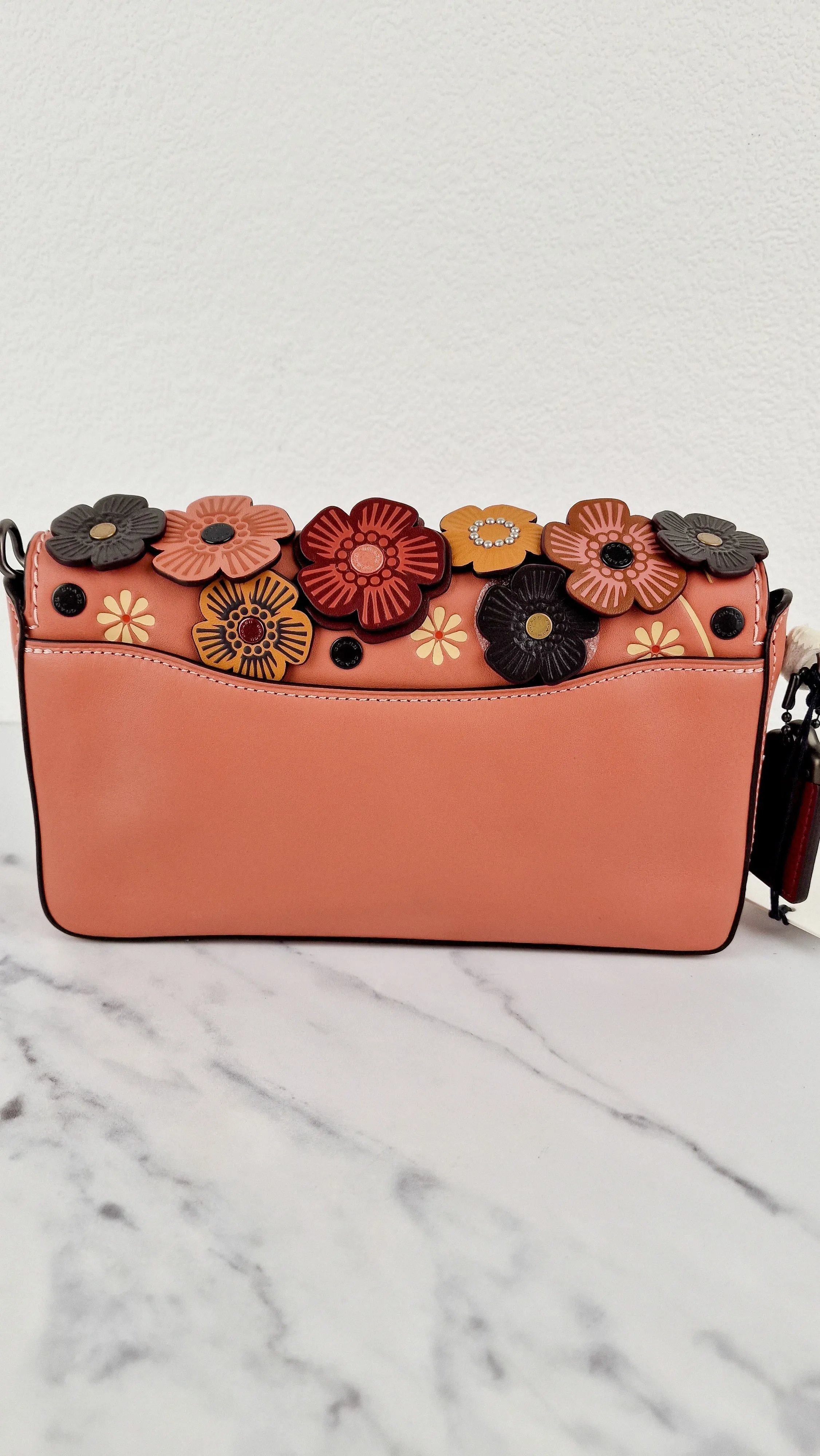 Coach 1941 Dinky With Tea Roses in Melon - Crossbody Shoulder Bag Floral Flowers Tolled Leather Appliqué- Coach 38197