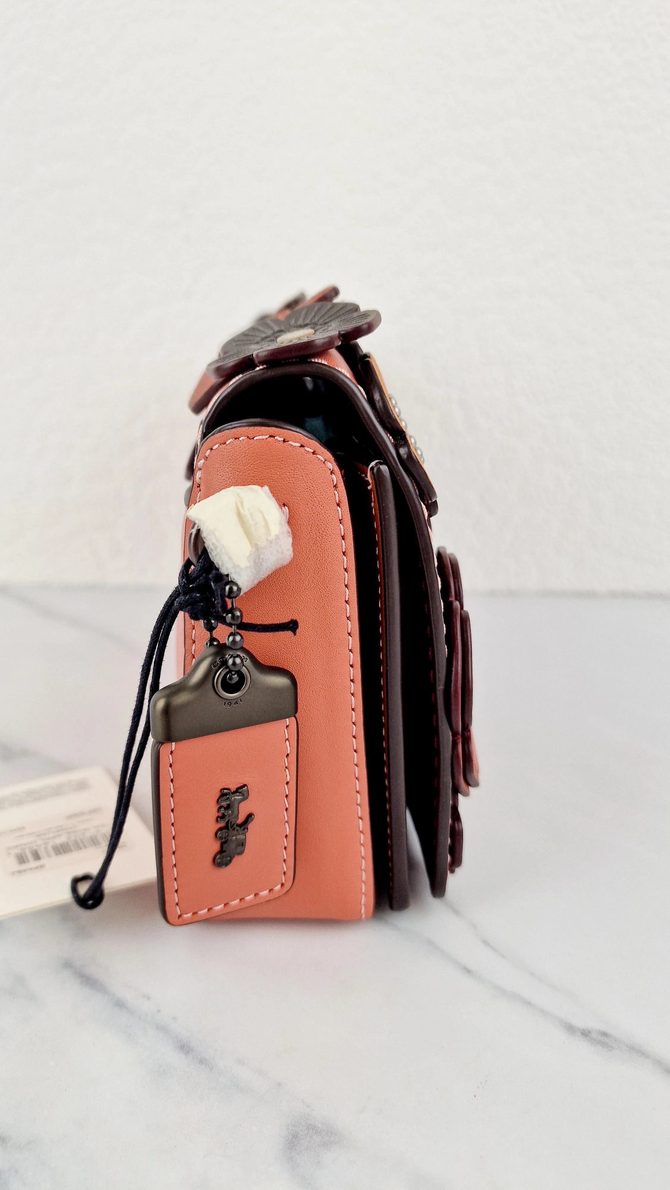 Coach 1941 Dinky With Tea Roses in Melon - Crossbody Shoulder Bag Floral Flowers Tolled Leather Appliqué- Coach 38197