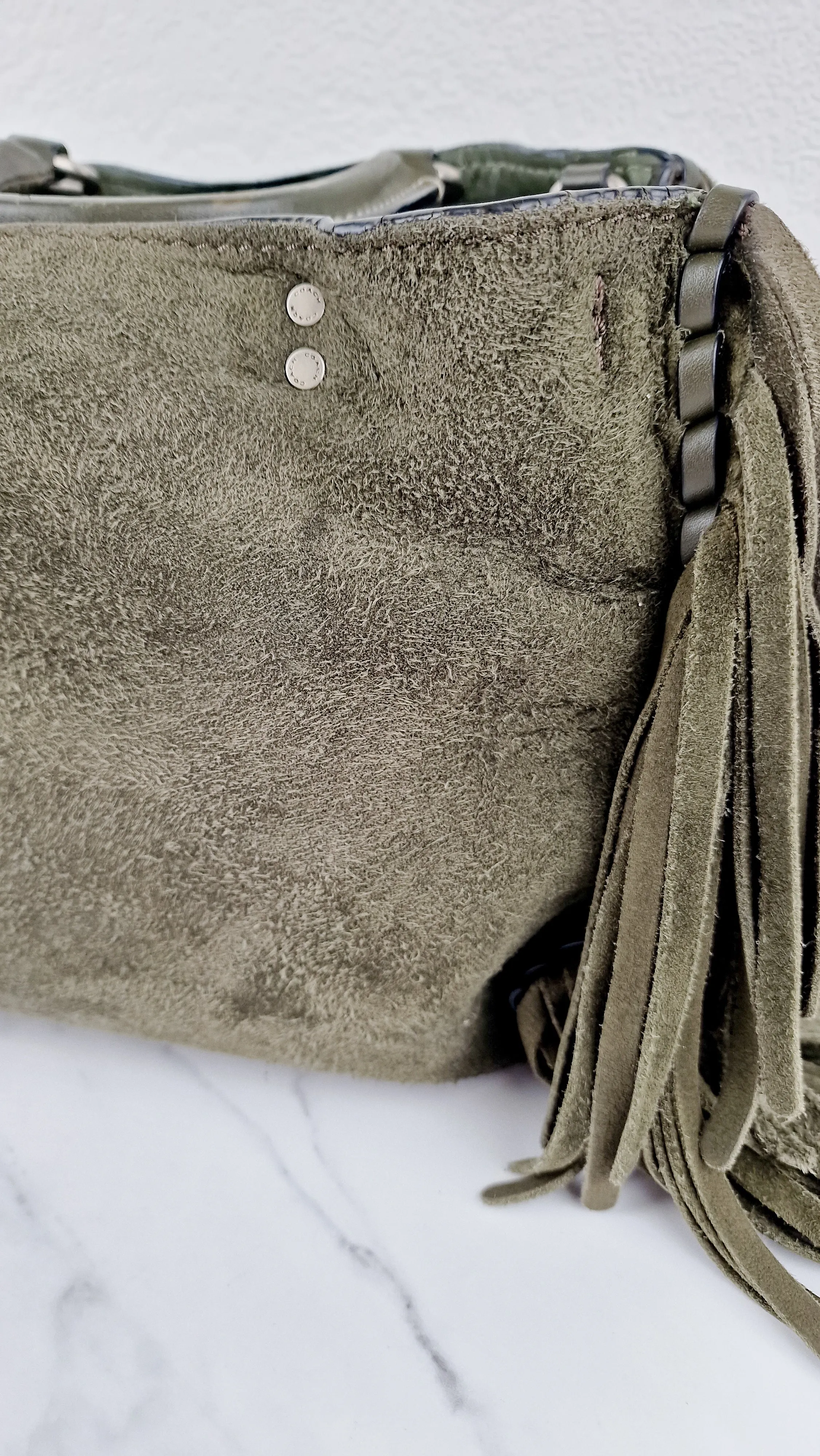 Coach 1941 Rogue 31 Fern Green Suede Fringe Handbag Shoulder Bag Satchel - Coach 86824