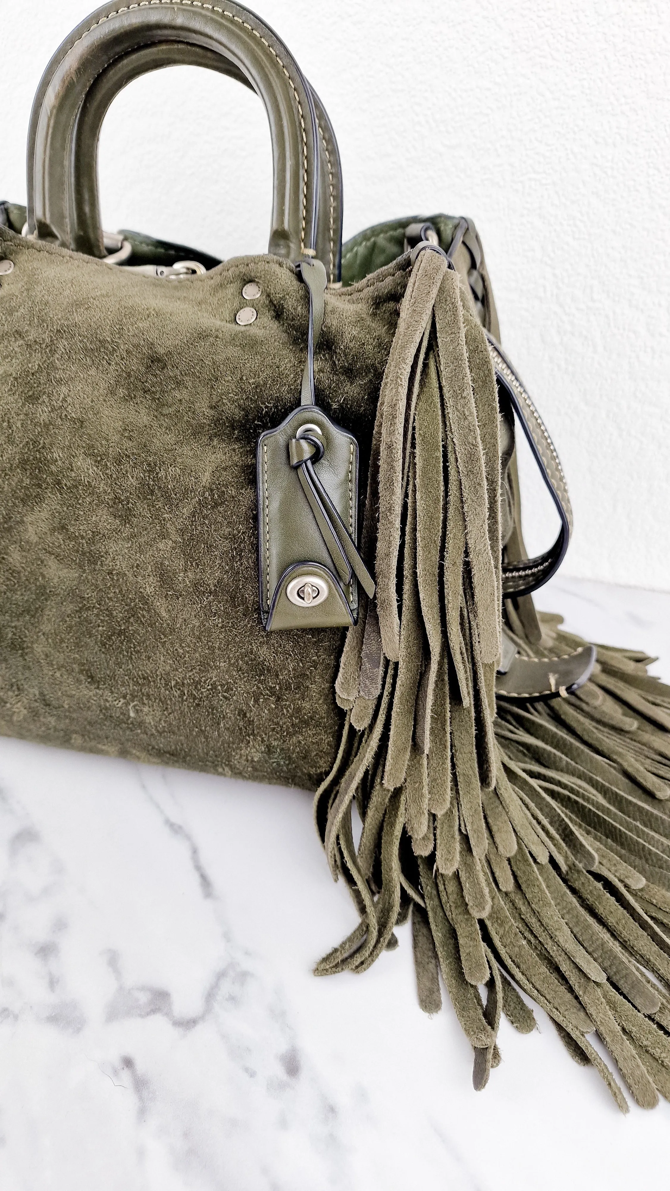 Coach 1941 Rogue 31 Fern Green Suede Fringe Handbag Shoulder Bag Satchel - Coach 86824
