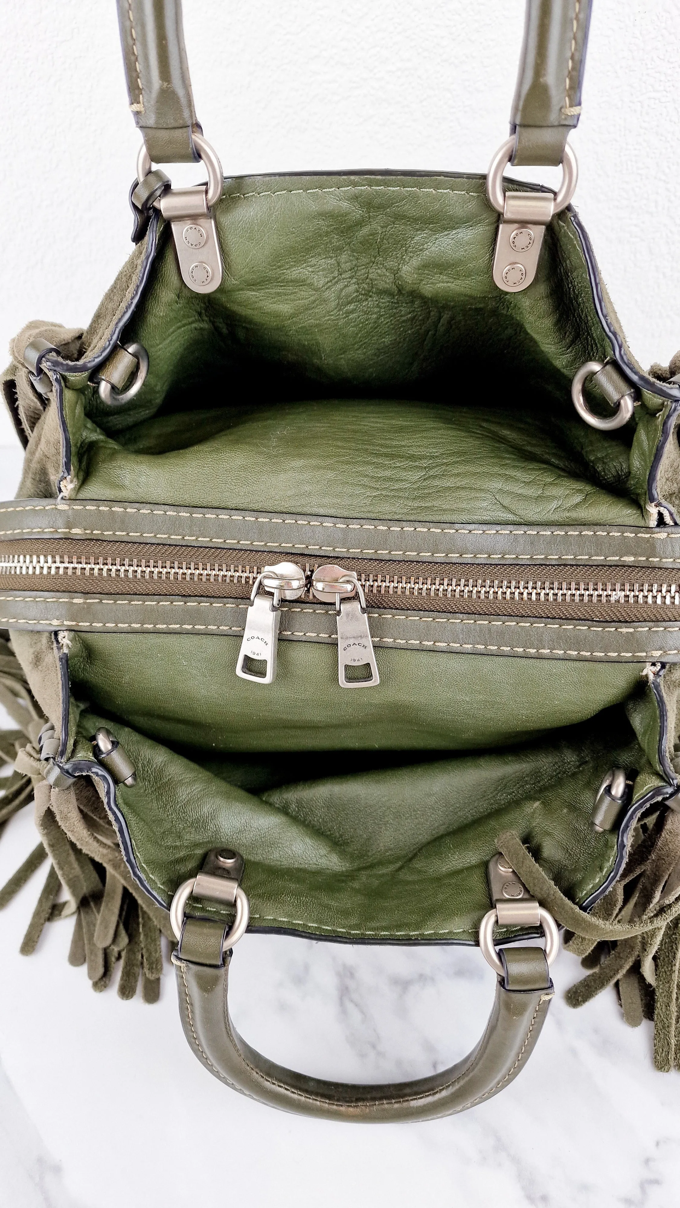 Coach 1941 Rogue 31 Fern Green Suede Fringe Handbag Shoulder Bag Satchel - Coach 86824