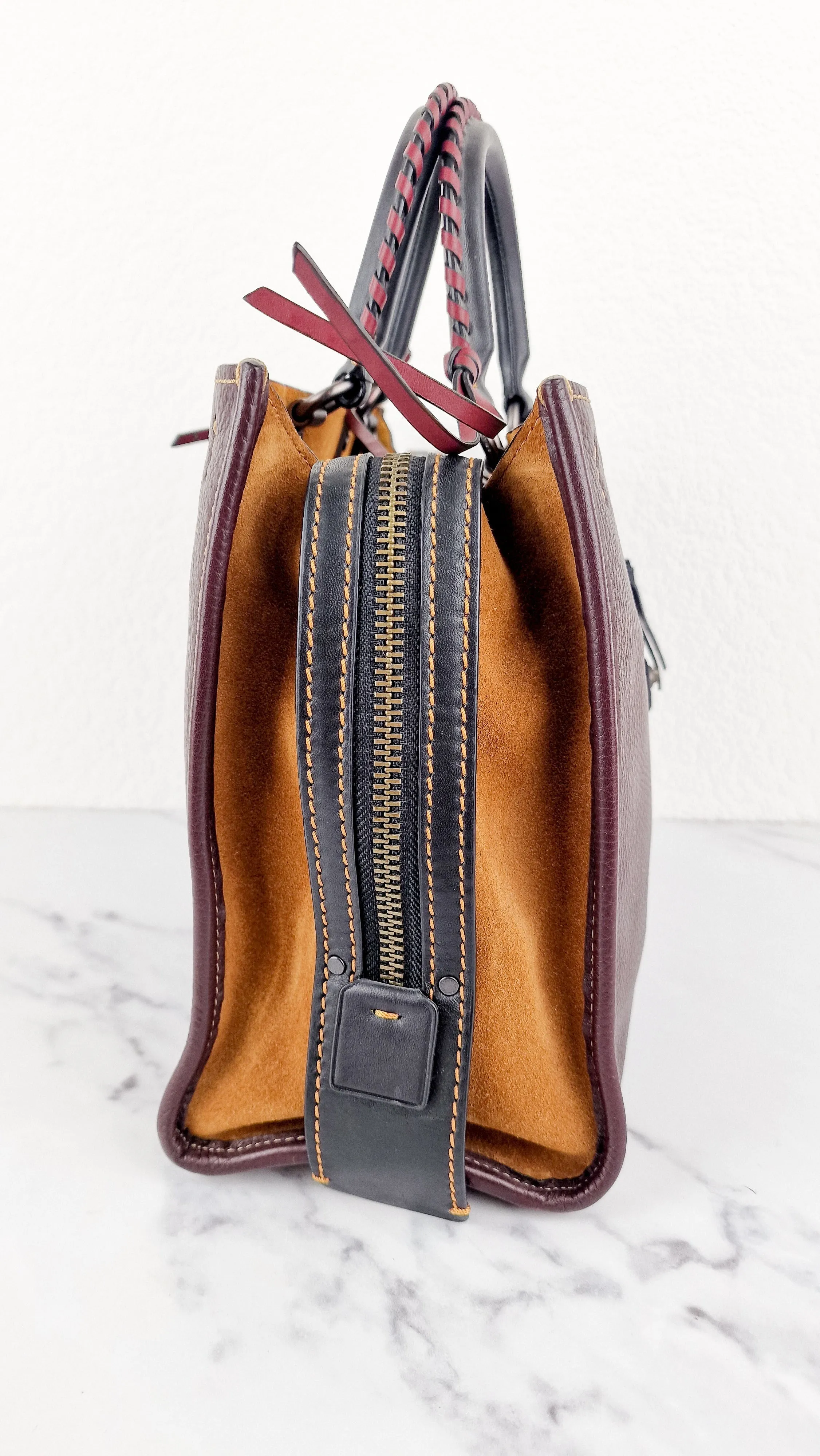 Coach 1941 Rogue 31 in Oxblood Brown Pebbled Leather with Whipstitch Handles & Light Saddle Suede Sides Colorblock Satchel Handbag - Coach 58116