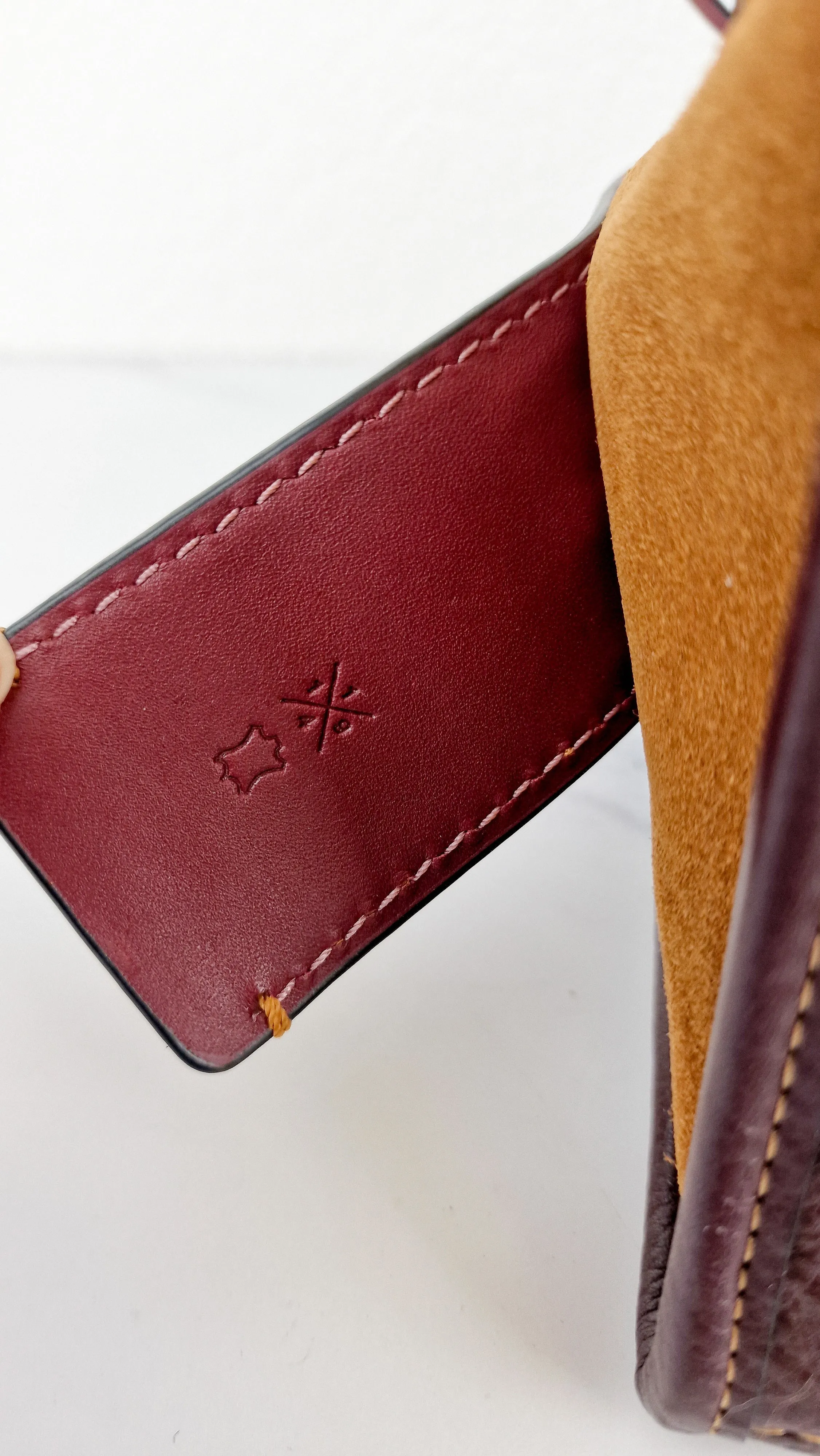 Coach 1941 Rogue 31 in Oxblood Brown Pebbled Leather with Whipstitch Handles & Light Saddle Suede Sides Colorblock Satchel Handbag - Coach 58116