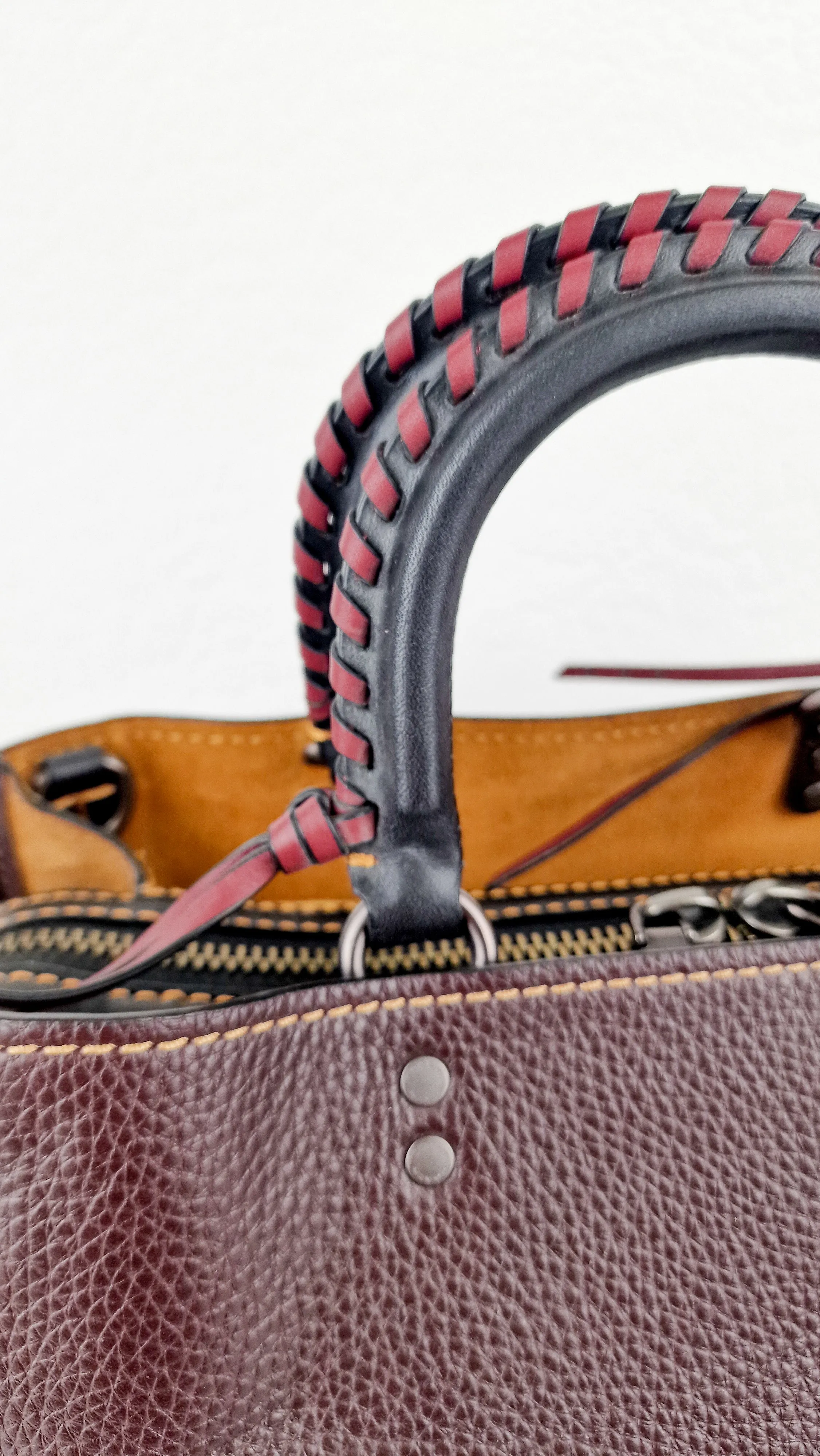 Coach 1941 Rogue 31 in Oxblood Brown Pebbled Leather with Whipstitch Handles & Light Saddle Suede Sides Colorblock Satchel Handbag - Coach 58116