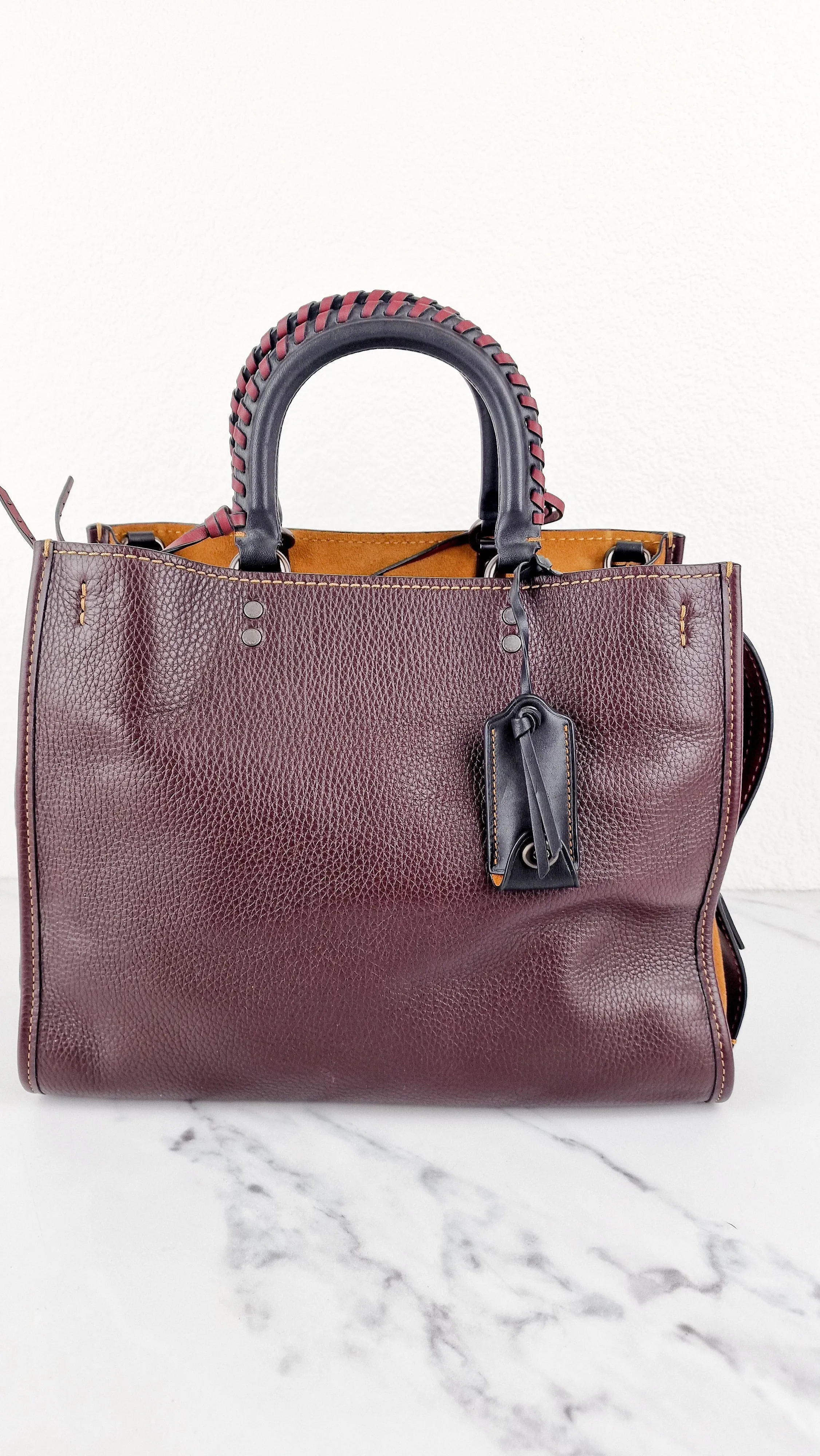 Coach 1941 Rogue 31 in Oxblood Brown Pebbled Leather with Whipstitch Handles & Light Saddle Suede Sides Colorblock Satchel Handbag - Coach 58116