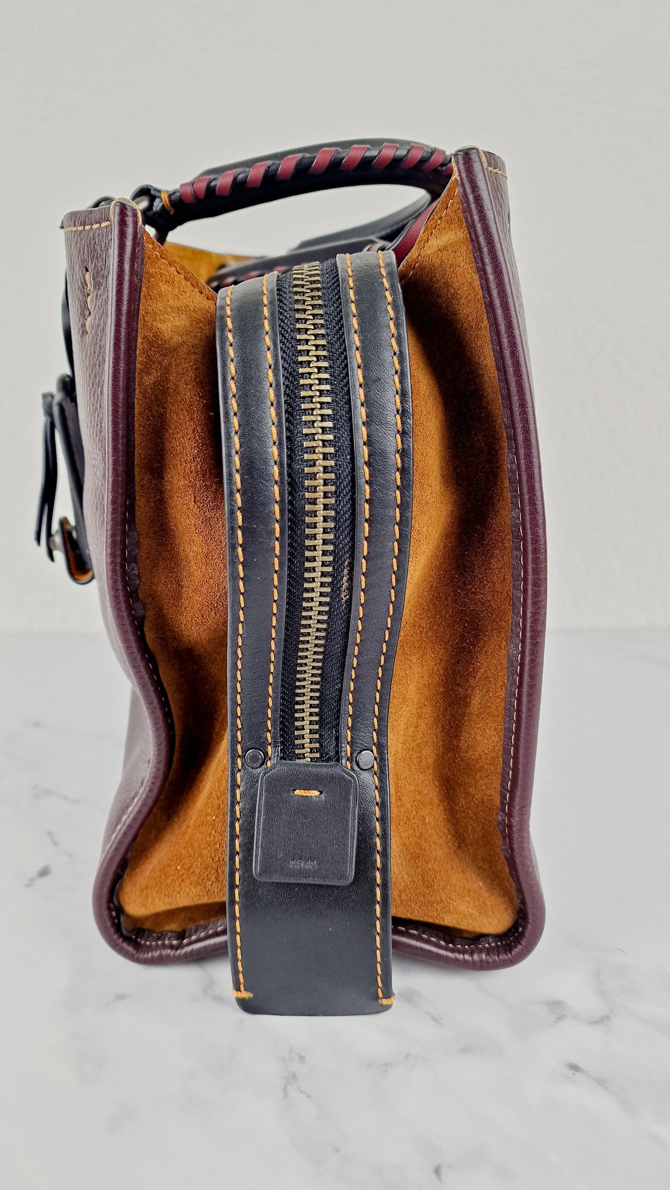 Coach 1941 Rogue 31 in Oxblood Brown Pebbled Leather with Whipstitch Handles & Light Saddle Suede Sides Colorblock Satchel Handbag - Coach 58116