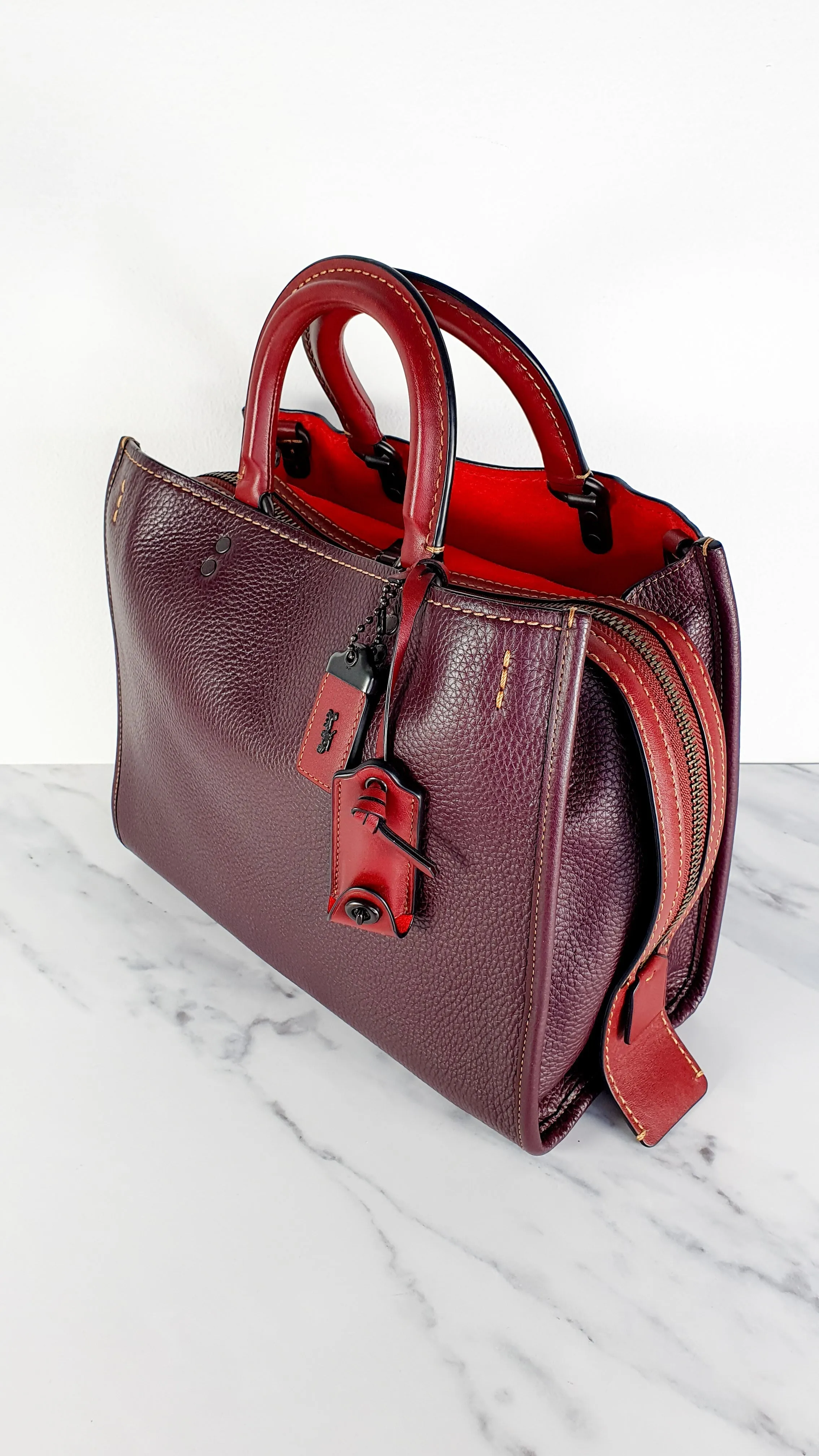 Coach 1941 Rogue 31 in Oxblood Pebble Leather with Red Suede Lining Satchel Handbag - Coach 38124