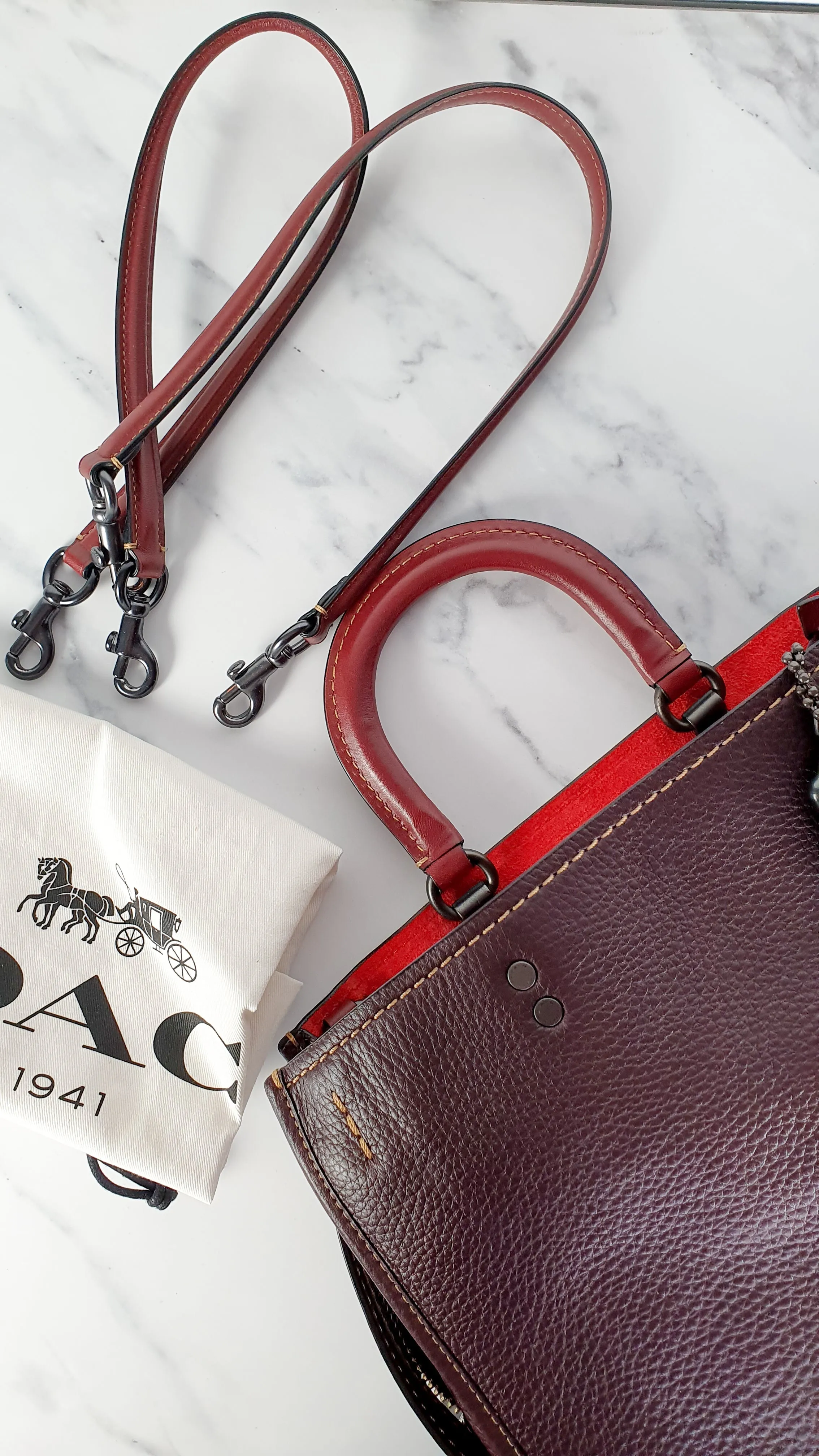 Coach 1941 Rogue 31 in Oxblood Pebble Leather with Red Suede Lining Satchel Handbag - Coach 38124