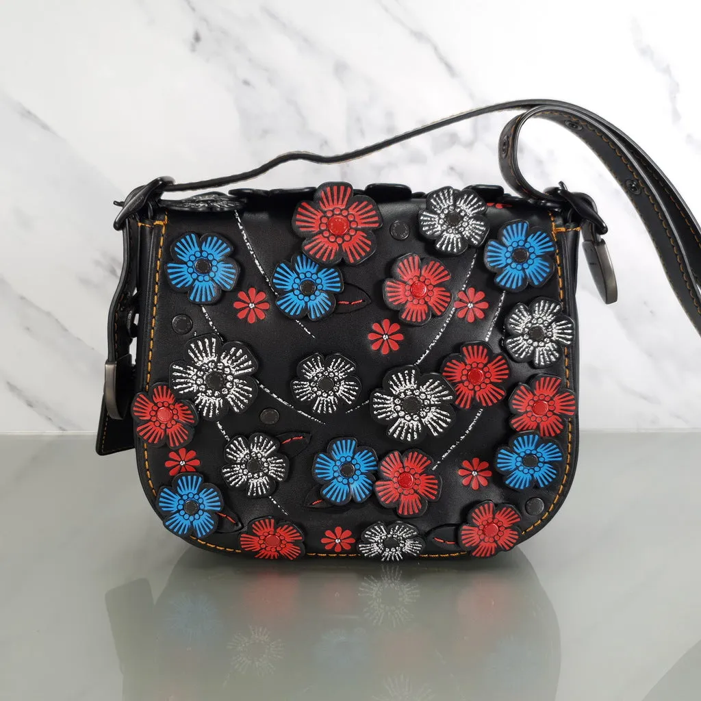 Coach 1941 Saddle 23 Bag in Black with Red, White & Blue Tea Roses Crossbody Shoulder Bag