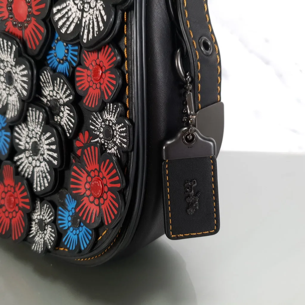 Coach 1941 Saddle 23 Bag in Black with Red, White & Blue Tea Roses Crossbody Shoulder Bag