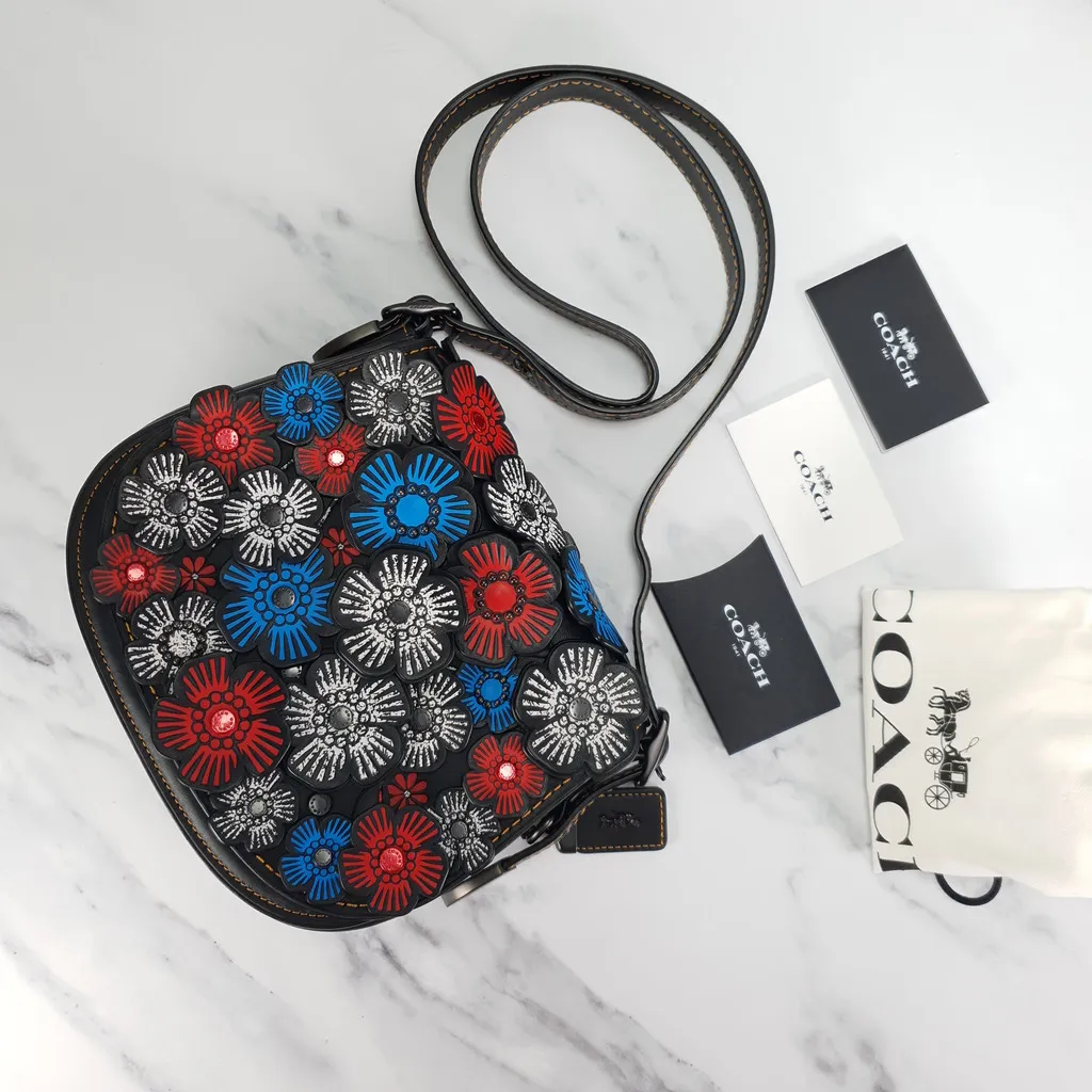 Coach 1941 Saddle 23 Bag in Black with Red, White & Blue Tea Roses Crossbody Shoulder Bag