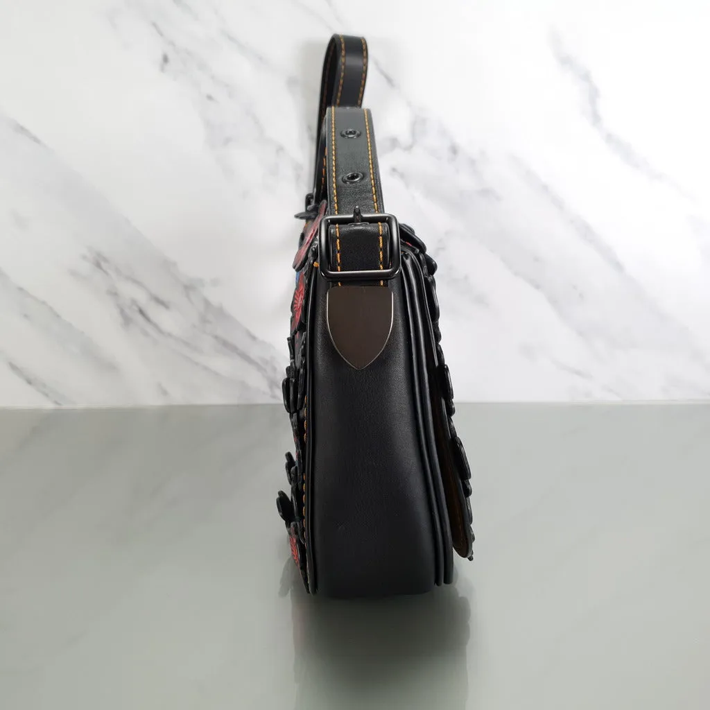 Coach 1941 Saddle 23 Bag in Black with Red, White & Blue Tea Roses Crossbody Shoulder Bag