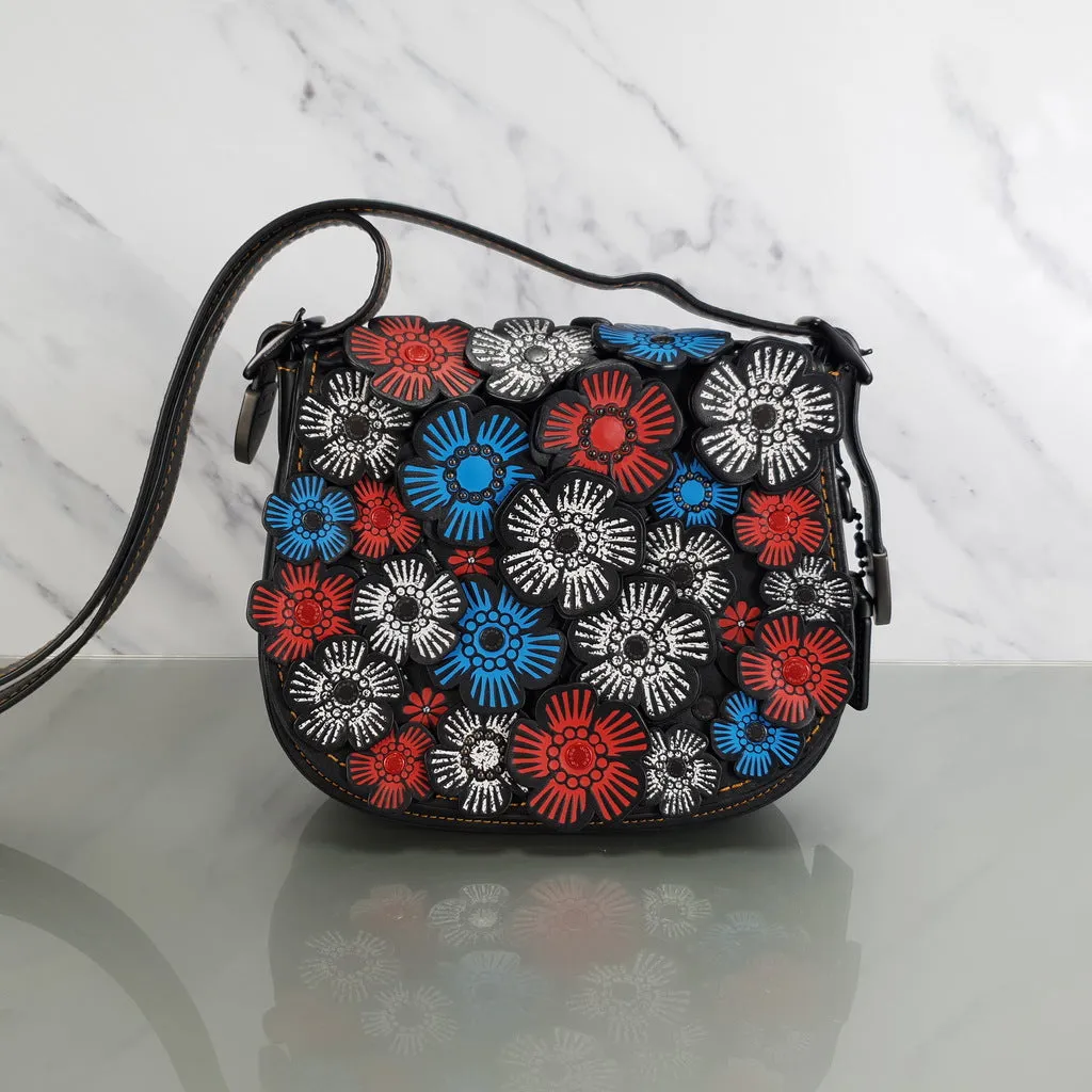 Coach 1941 Saddle 23 Bag in Black with Red, White & Blue Tea Roses Crossbody Shoulder Bag