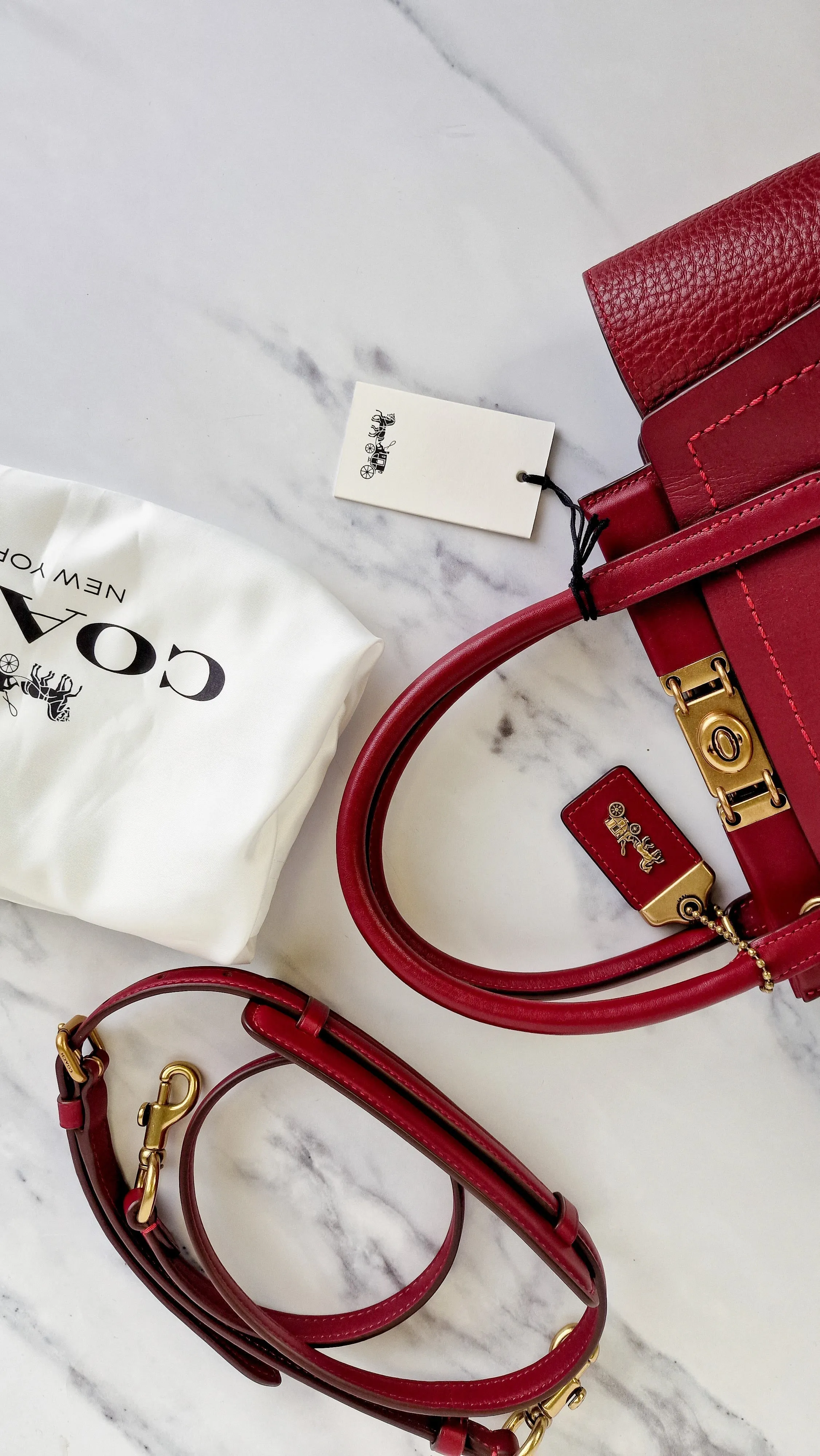 Coach 1941 Troupe Tote in Deep Red Glovetanned Smooth Leather & Buffalo-Embossed Leather - Handbag Crossbody Bag - Coach 79468