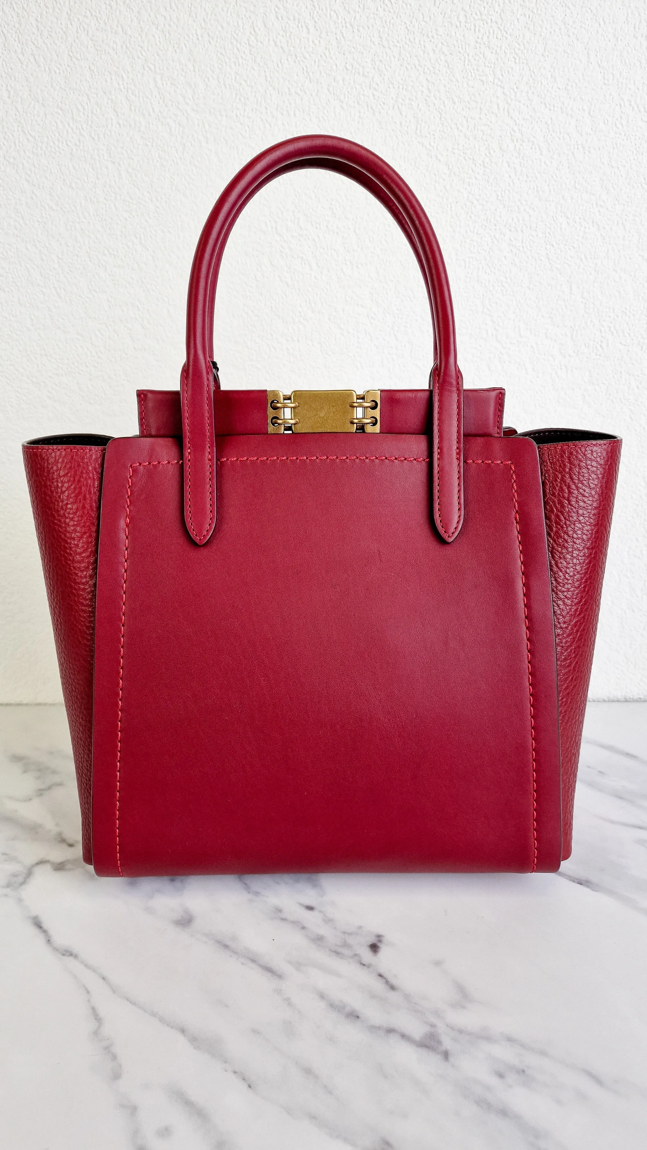 Coach 1941 Troupe Tote in Deep Red Glovetanned Smooth Leather & Buffalo-Embossed Leather - Handbag Crossbody Bag - Coach 79468