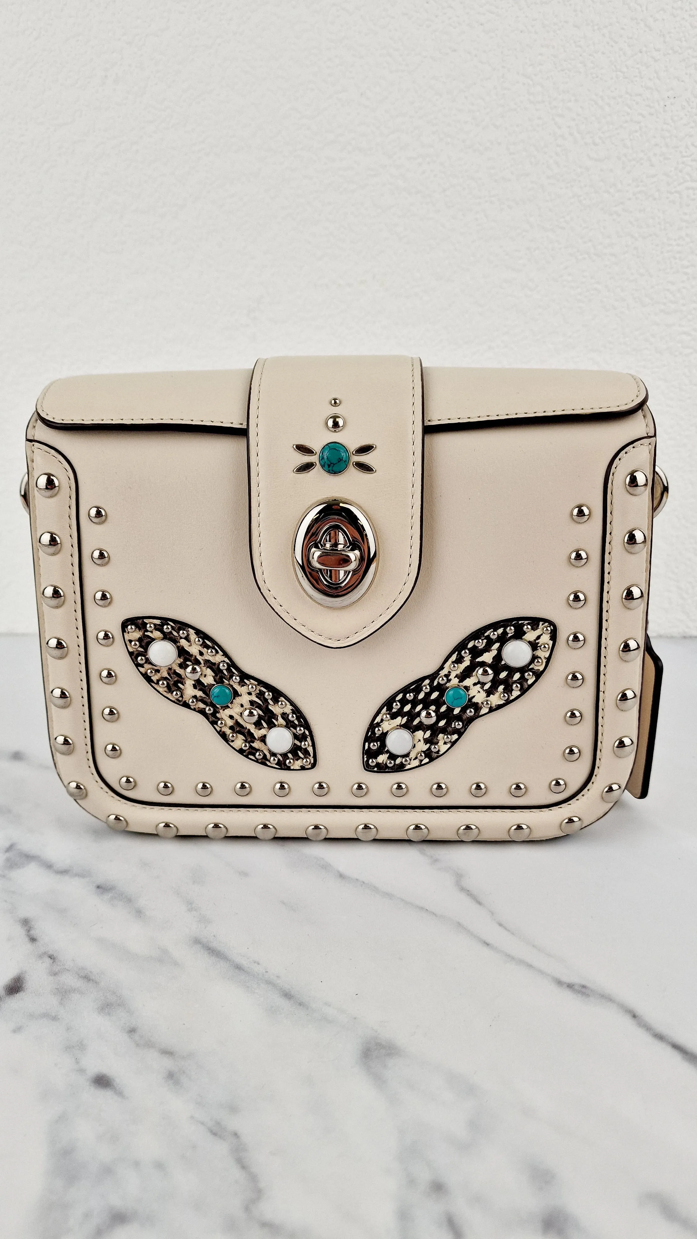 Coach Page Crossbody Bag Chalk Smooth Leather With Western Rivets and Snakeskin - Handbag - Coach 86731