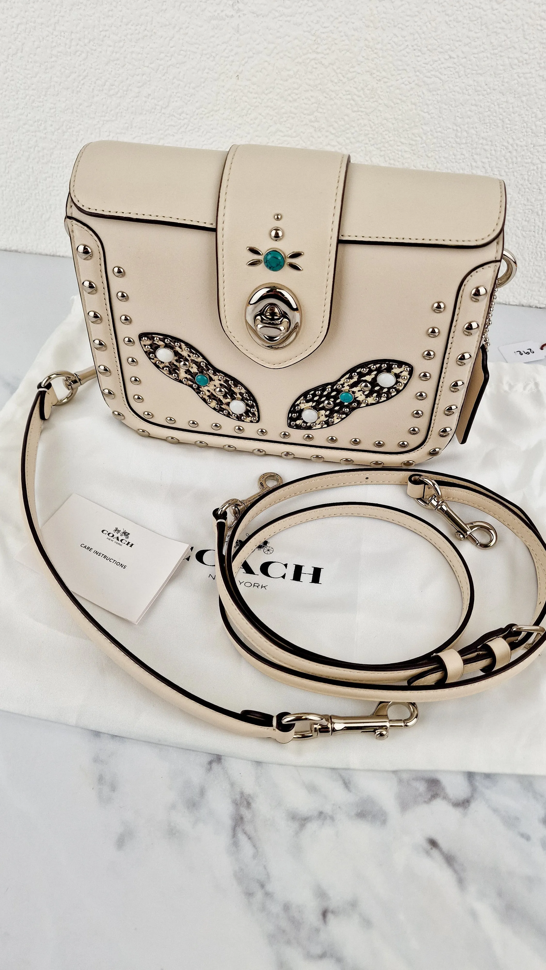 Coach Page Crossbody Bag Chalk Smooth Leather With Western Rivets and Snakeskin - Handbag - Coach 86731