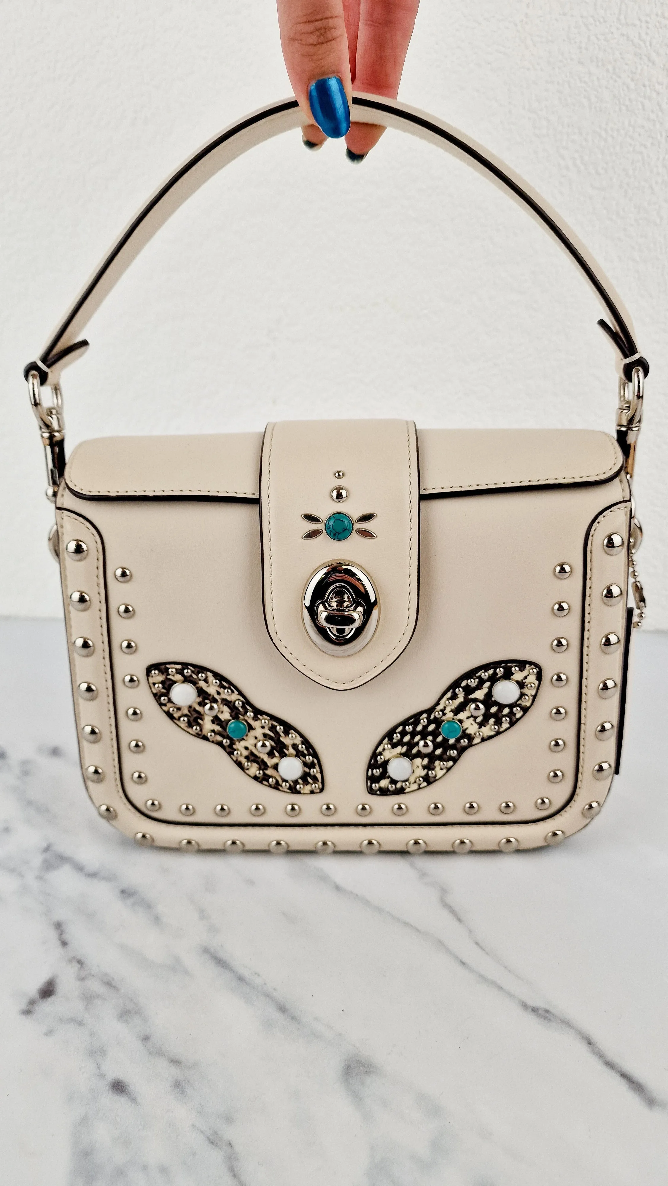 Coach Page Crossbody Bag Chalk Smooth Leather With Western Rivets and Snakeskin - Handbag - Coach 86731