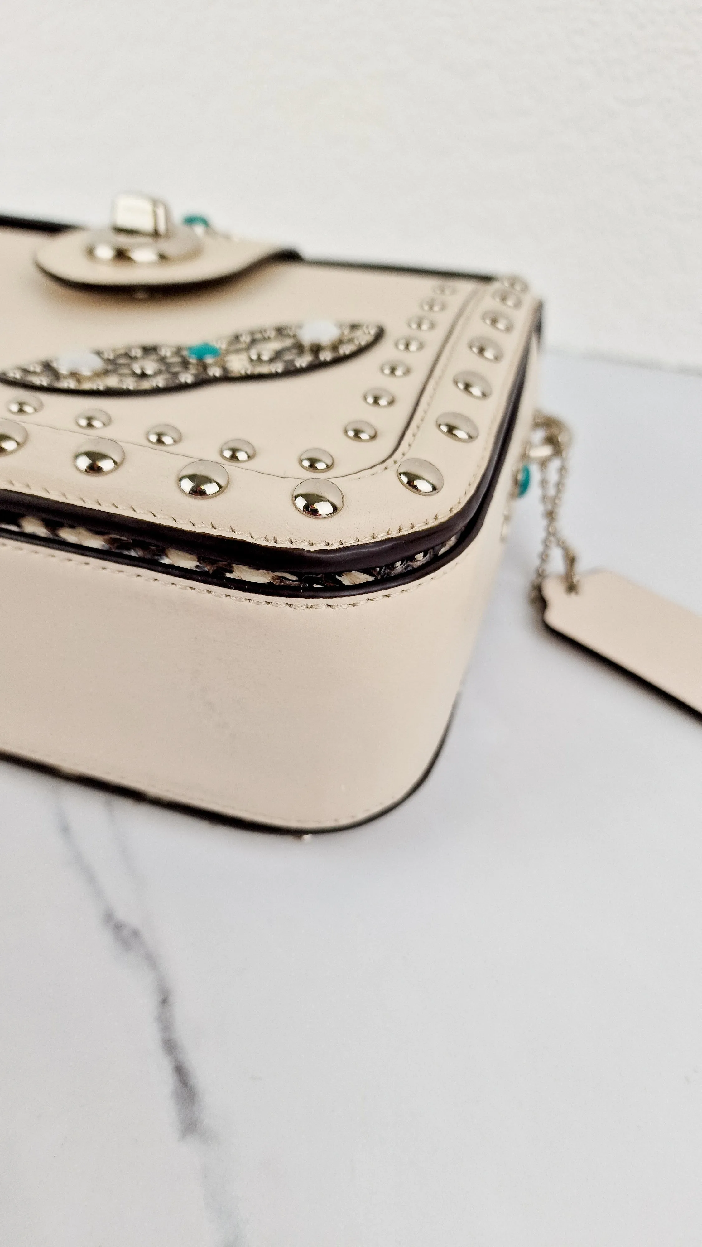 Coach Page Crossbody Bag Chalk Smooth Leather With Western Rivets and Snakeskin - Handbag - Coach 86731