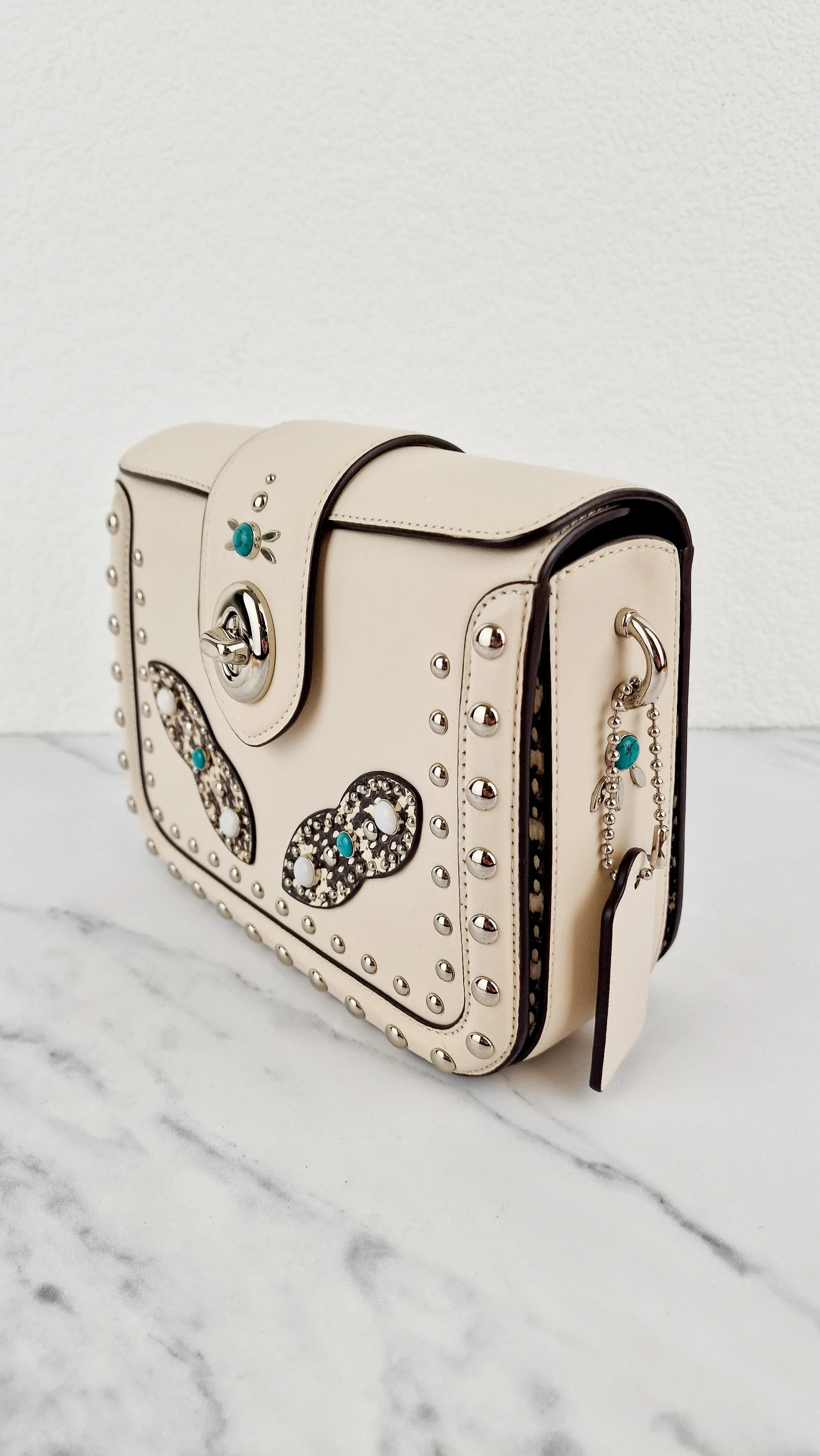 Coach Page Crossbody Bag Chalk Smooth Leather With Western Rivets and Snakeskin - Handbag - Coach 86731