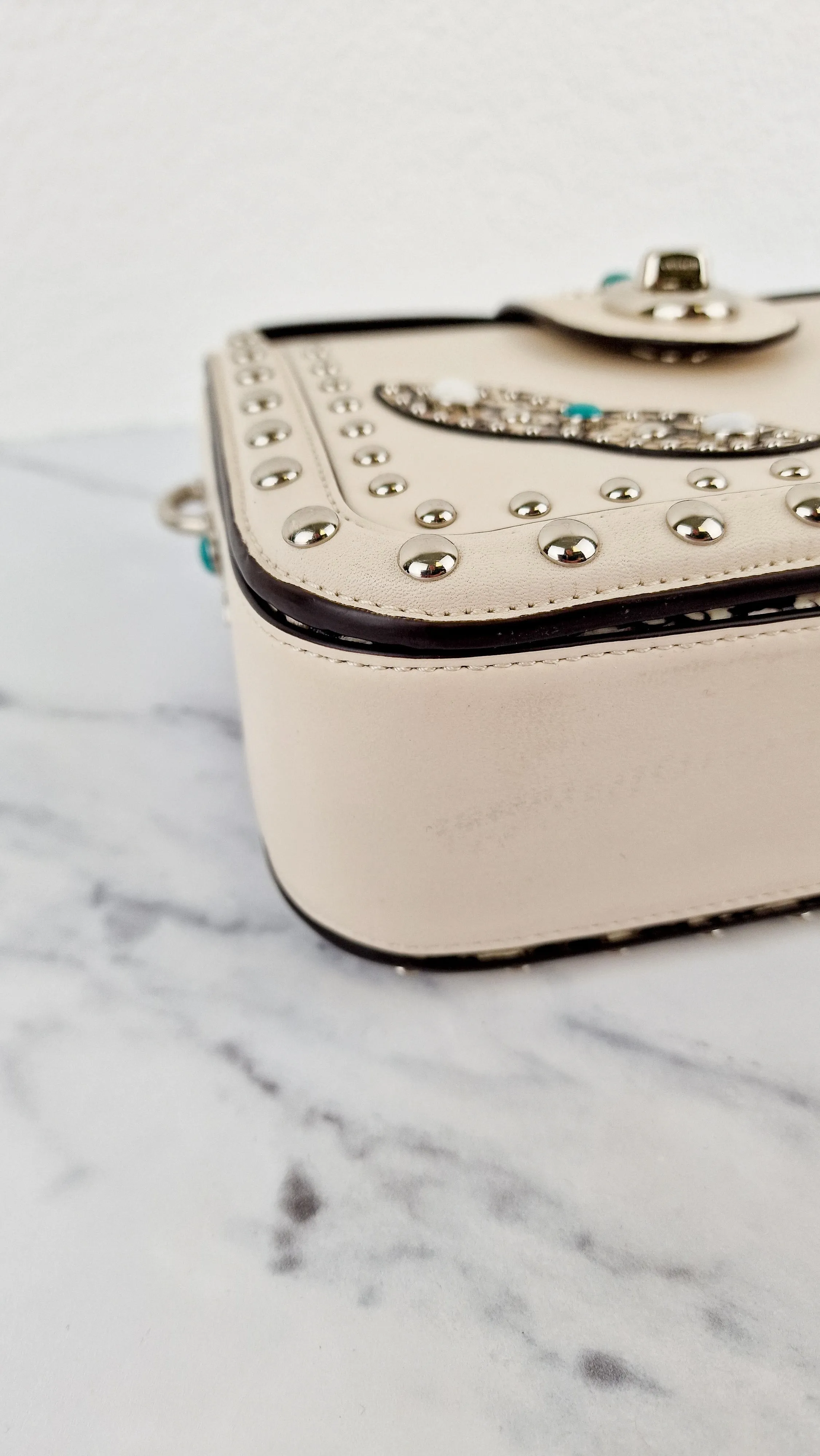 Coach Page Crossbody Bag Chalk Smooth Leather With Western Rivets and Snakeskin - Handbag - Coach 86731