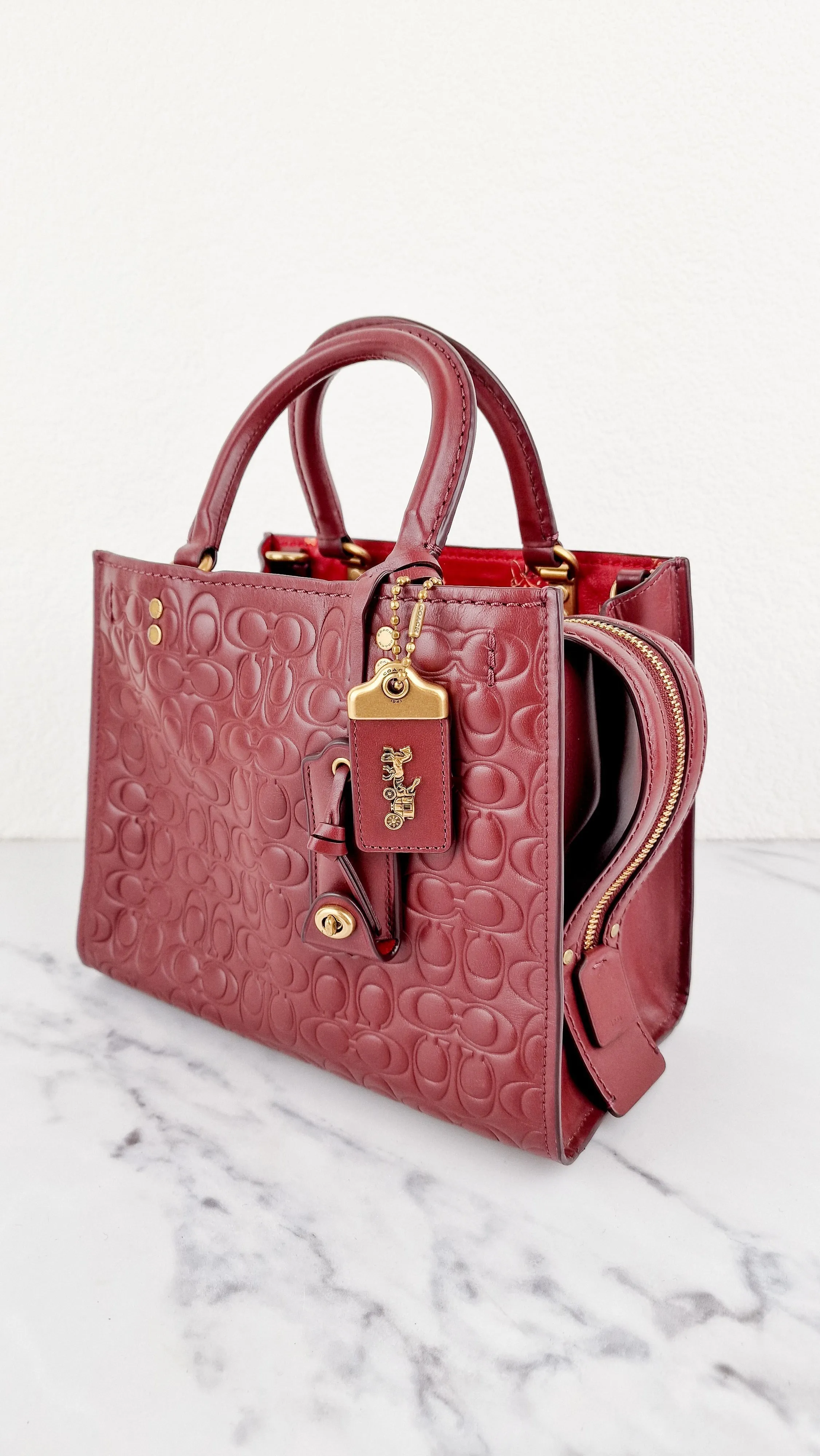 Coach Rogue 25 in Burgundy Signature Embossed Leather Floral Bow Lining - Coach 26839