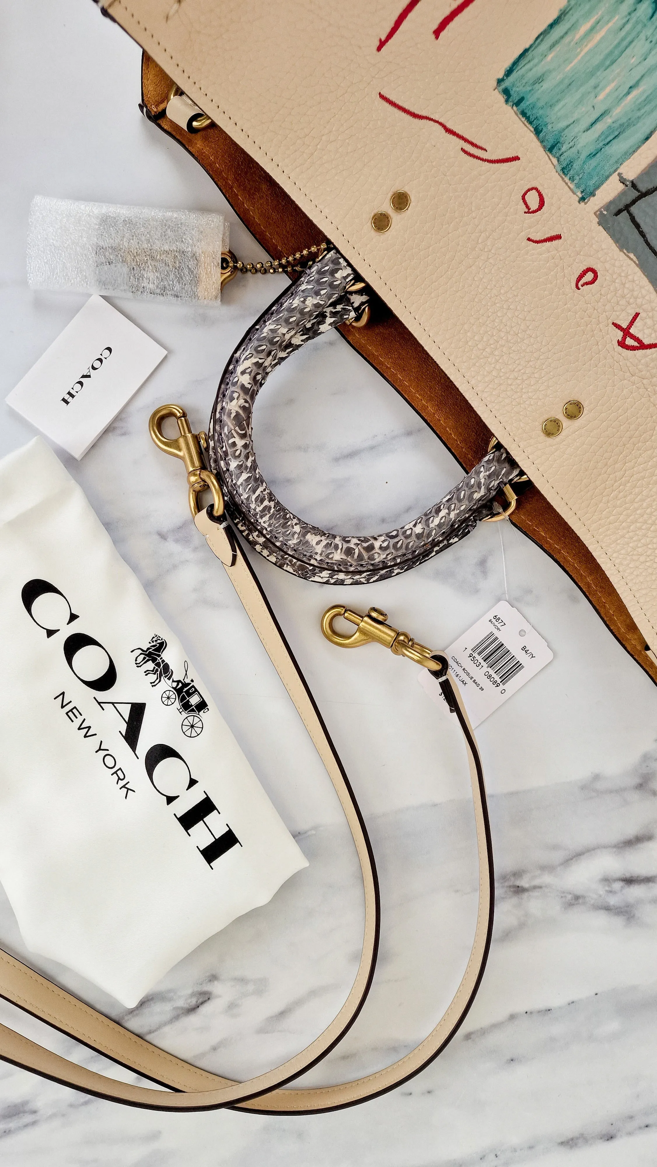Coach Rogue 39 Jean-Michel Basquiat Bag in Ivory Pebble Leather with Snakeskin - Handbag Shoulder Bag - Coach 6877