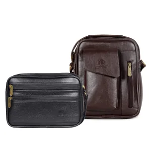 Combo: Faux Leather Sling Bag & Travel Pouch | Multipurpose | 20cm x 25cm | Dark Brown