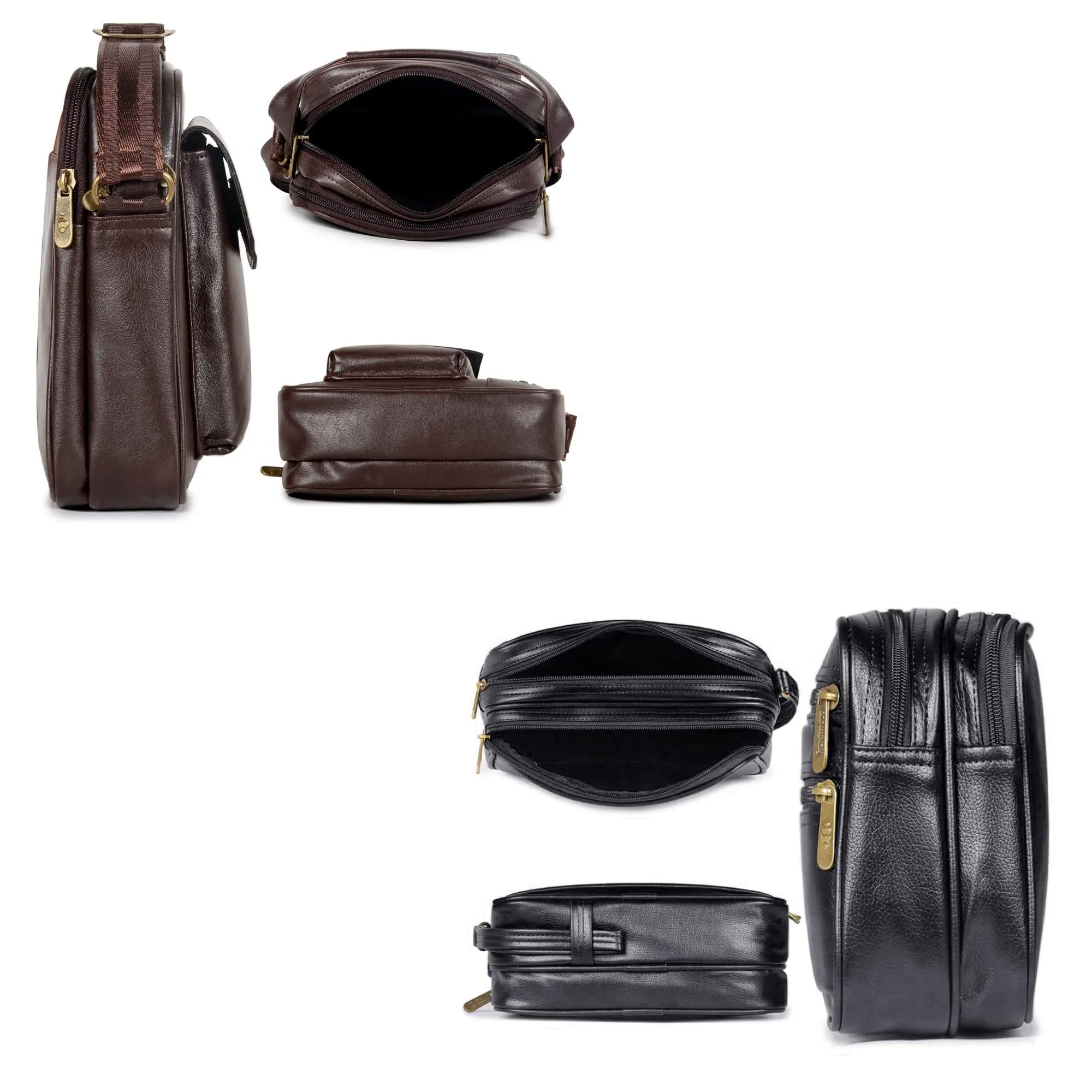 Combo: Faux Leather Sling Bag & Travel Pouch | Multipurpose | 20cm x 25cm | Dark Brown