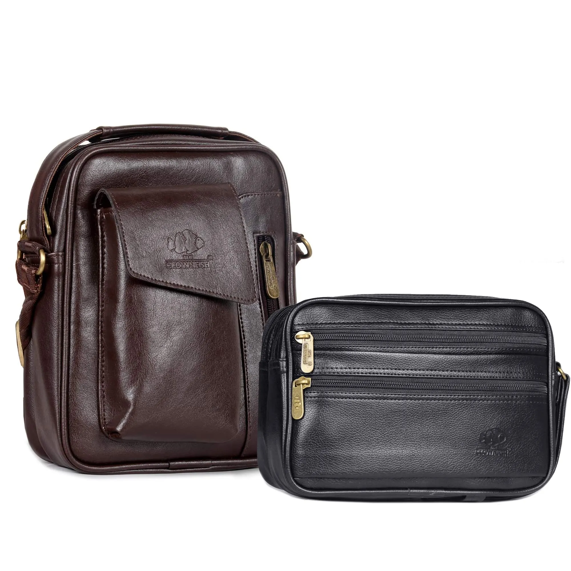 Combo: Faux Leather Sling Bag & Travel Pouch | Multipurpose | 20cm x 25cm | Dark Brown
