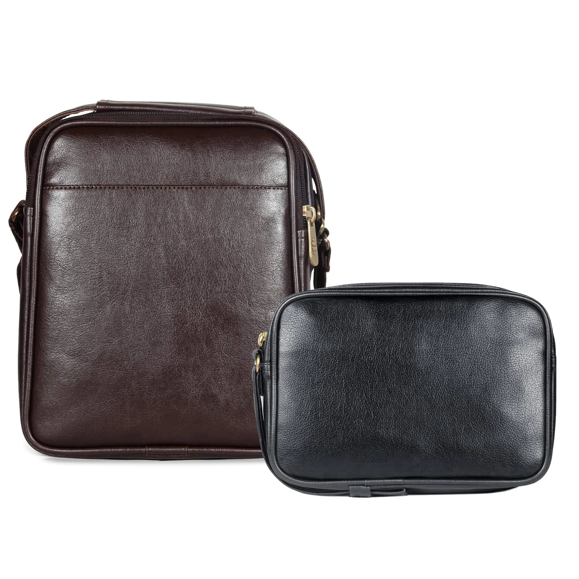 Combo: Faux Leather Sling Bag & Travel Pouch | Multipurpose | 20cm x 25cm | Dark Brown